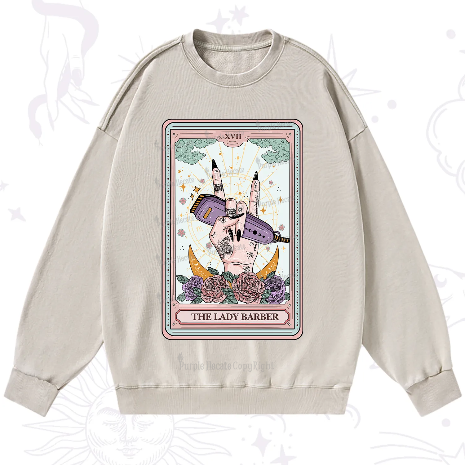 Purplehecate The Lady Barber Tarot Card Washed Sweatshirt