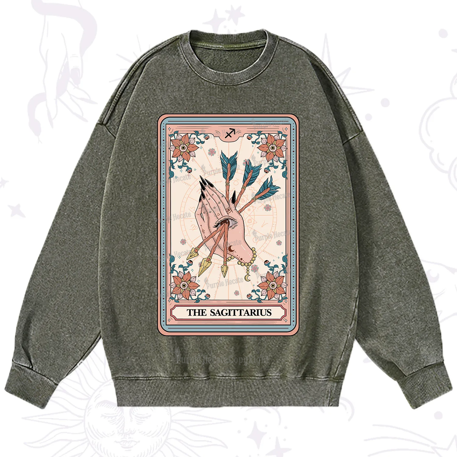Purplehecate The Sagittarius Tarot Card Washed Sweatshirt