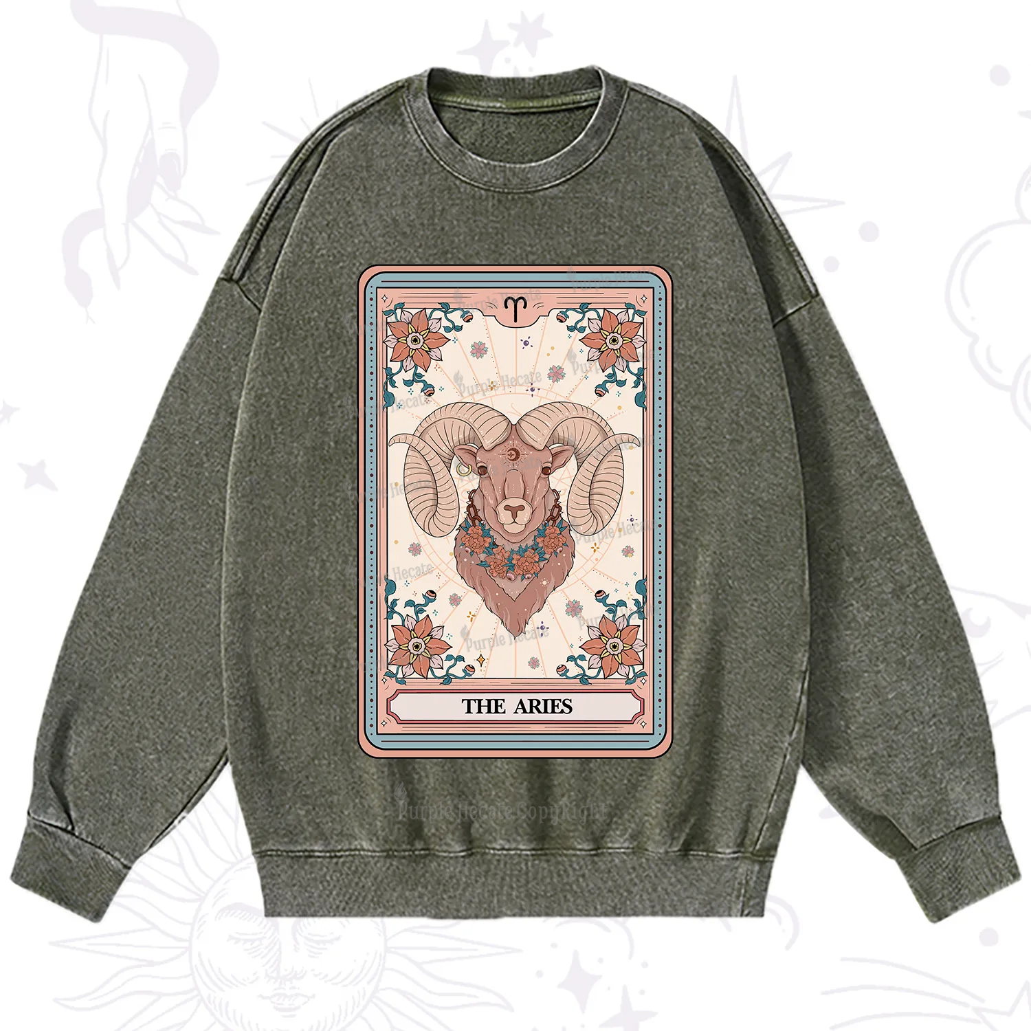 Purplehecate The Aries Tarot Card Washed Sweatshirt