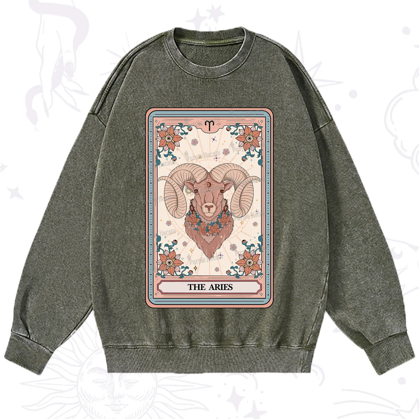 Purplehecate The Aries Tarot Card Washed Sweatshirt