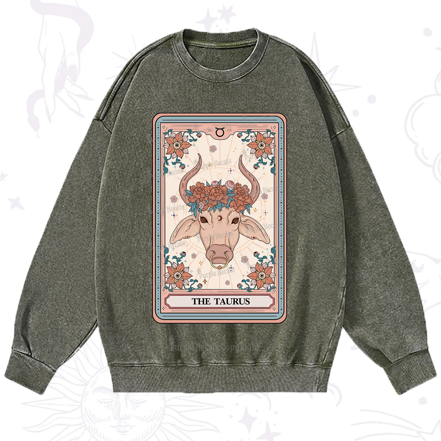 Purplehecate The Taurus Tarot Card Washed Sweatshirt