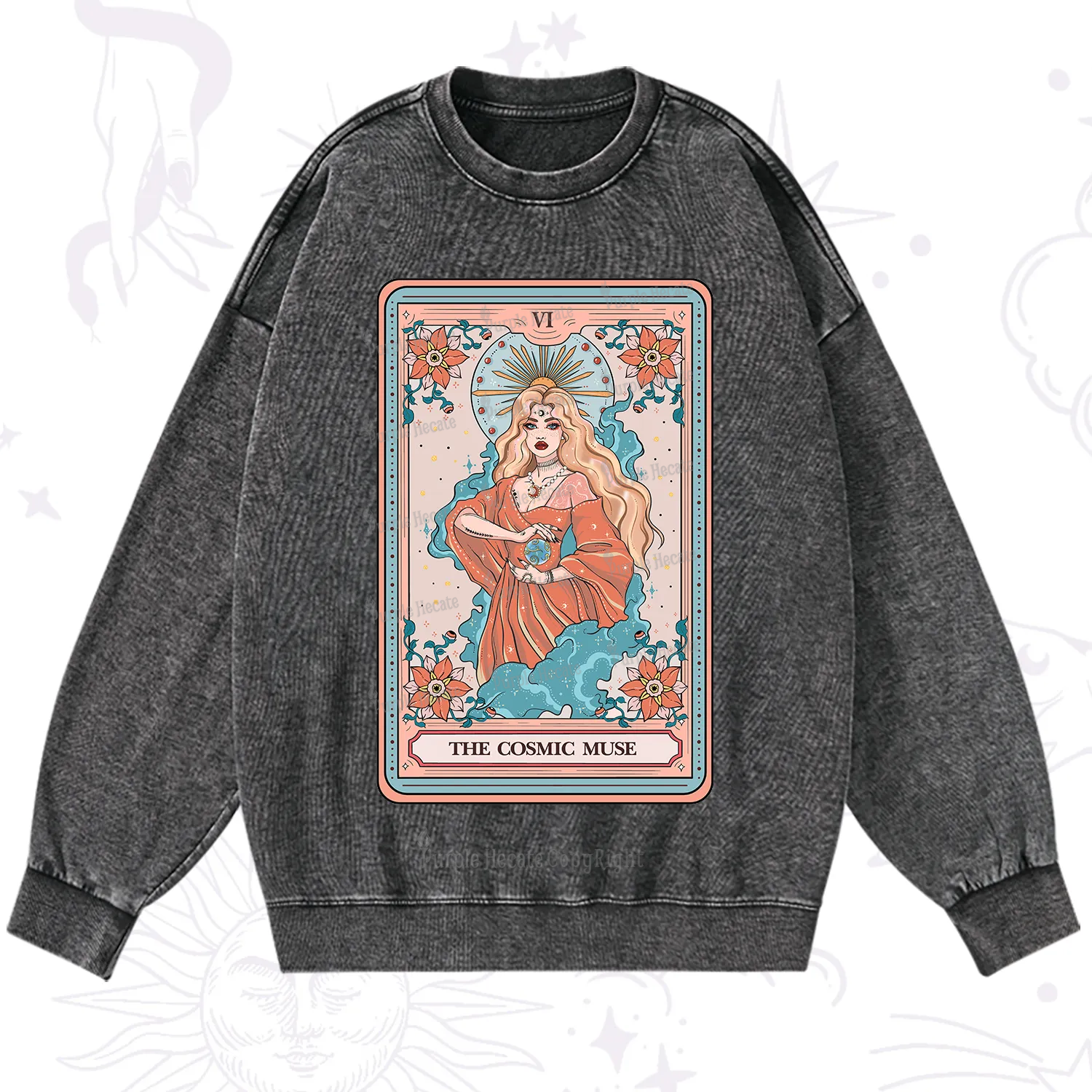 Purplehecate The Cosmic Muse Tarot Card Washed Sweatshirt