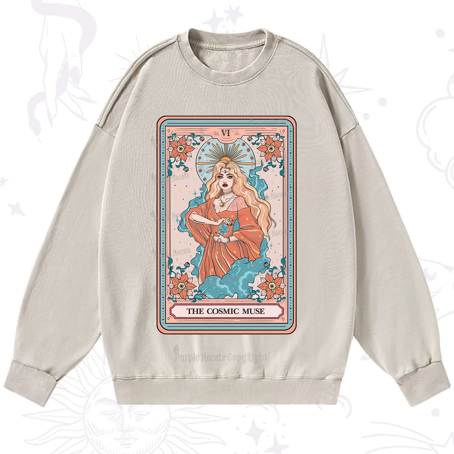 Purplehecate The Cosmic Muse Tarot Card Washed Sweatshirt
