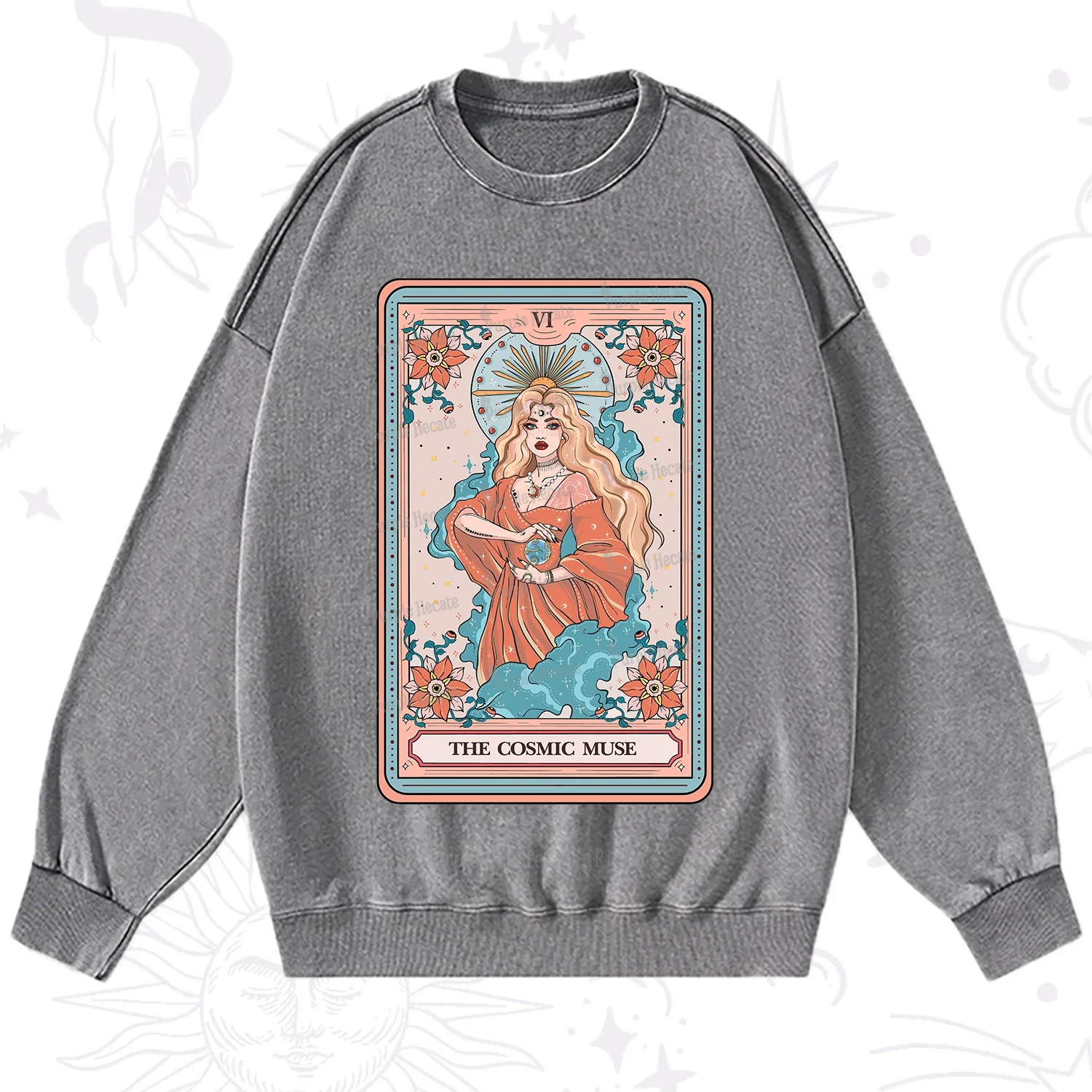 Purplehecate The Cosmic Muse Tarot Card Washed Sweatshirt