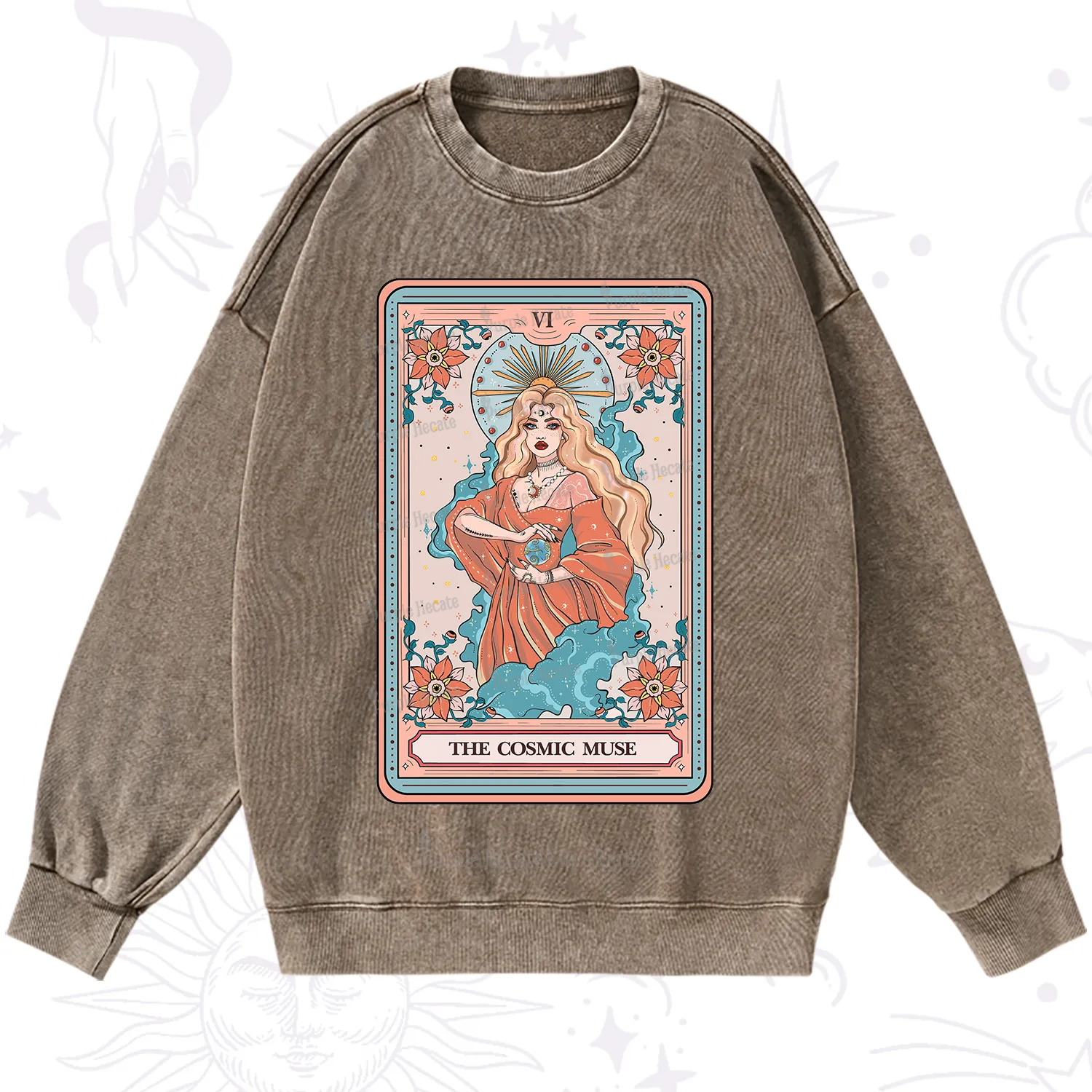 Purplehecate The Cosmic Muse Tarot Card Washed Sweatshirt