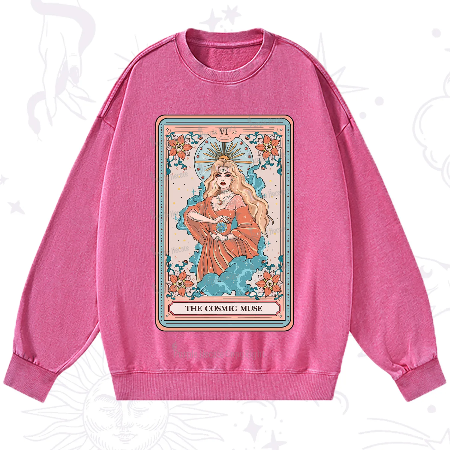 Purplehecate The Cosmic Muse Tarot Card Washed Sweatshirt