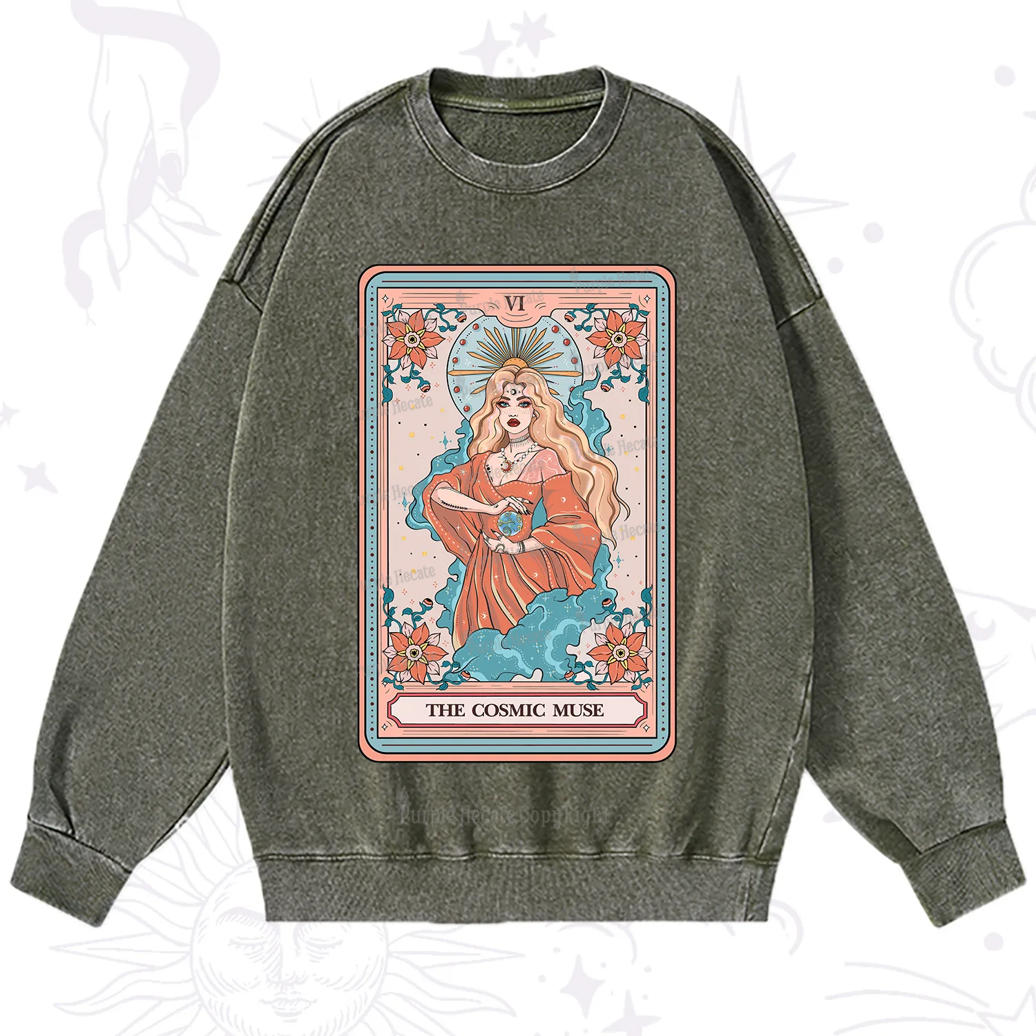 Purplehecate The Cosmic Muse Tarot Card Washed Sweatshirt