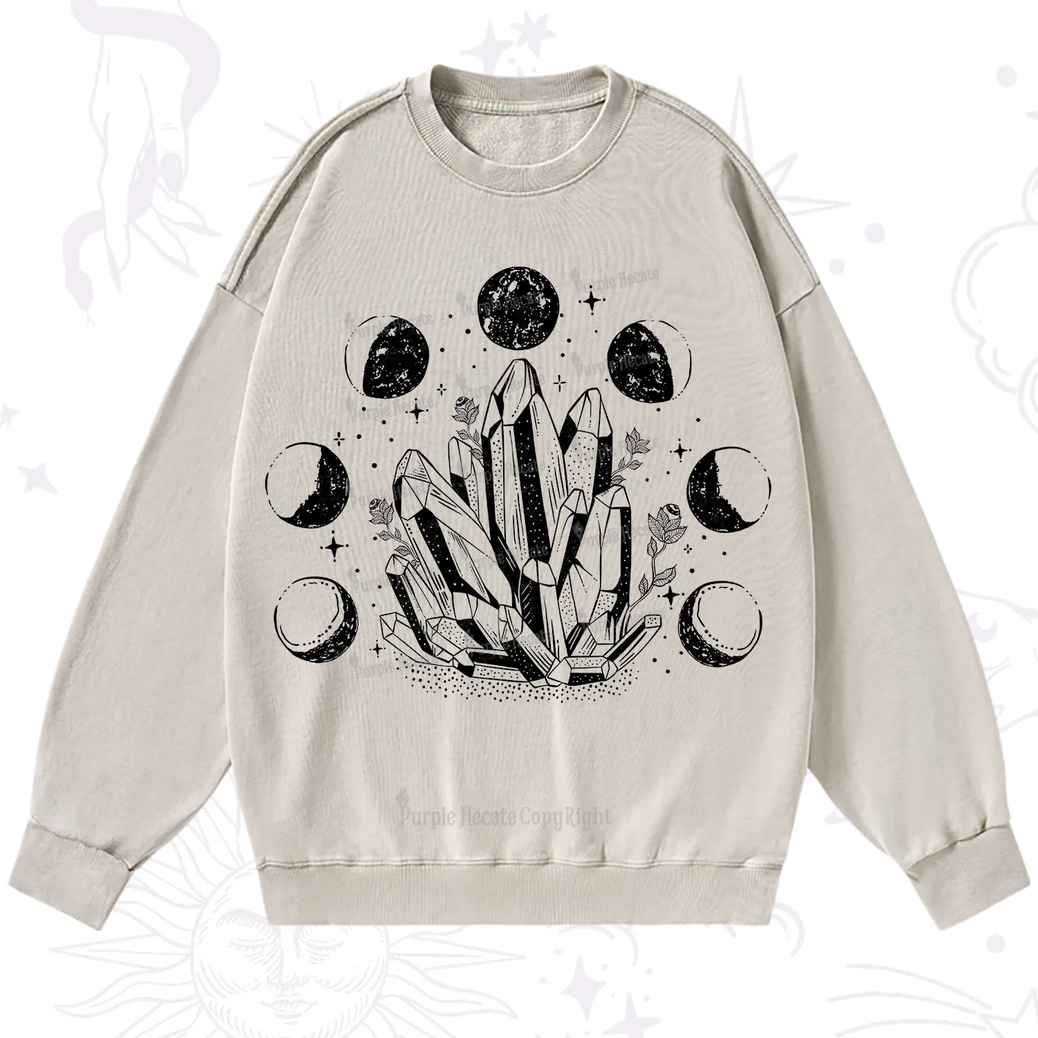 Purplehecate Crystals and Moon Phases Washed Sweatshirt