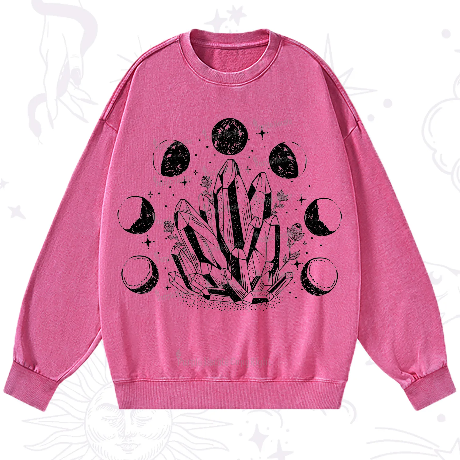 Purplehecate Crystals and Moon Phases Washed Sweatshirt