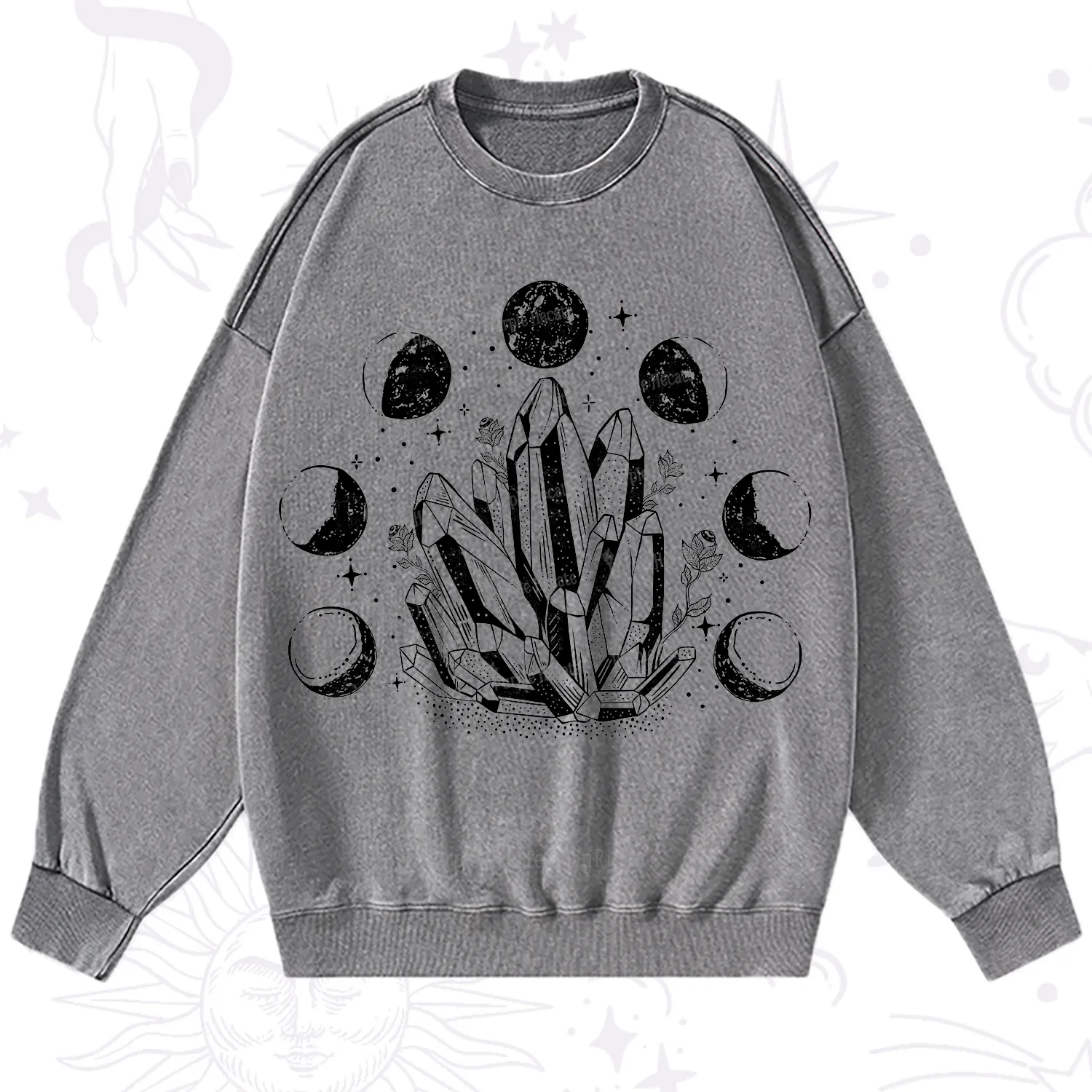 Purplehecate Crystals and Moon Phases Washed Sweatshirt