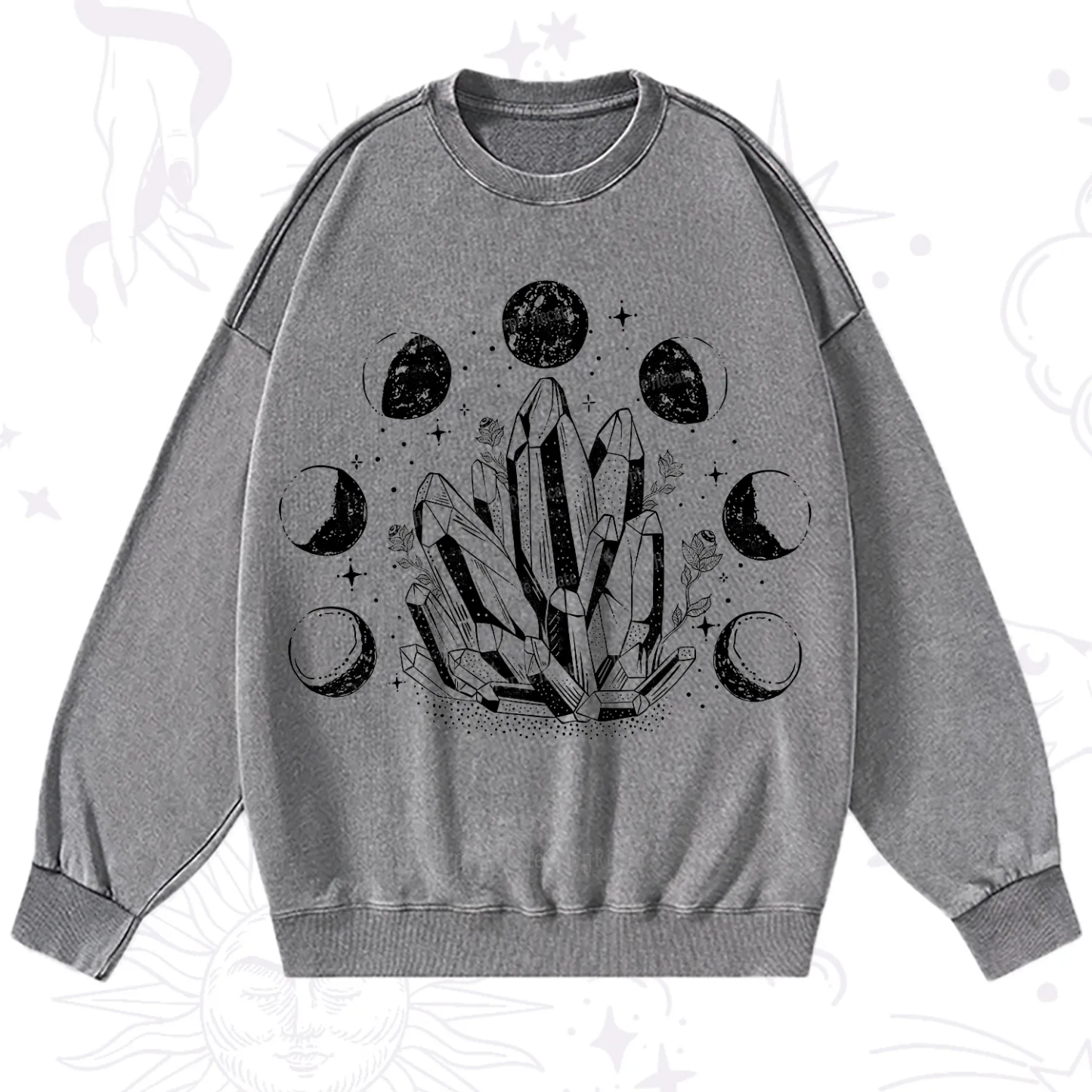 Purplehecate Crystals and Moon Phases Washed Sweatshirt