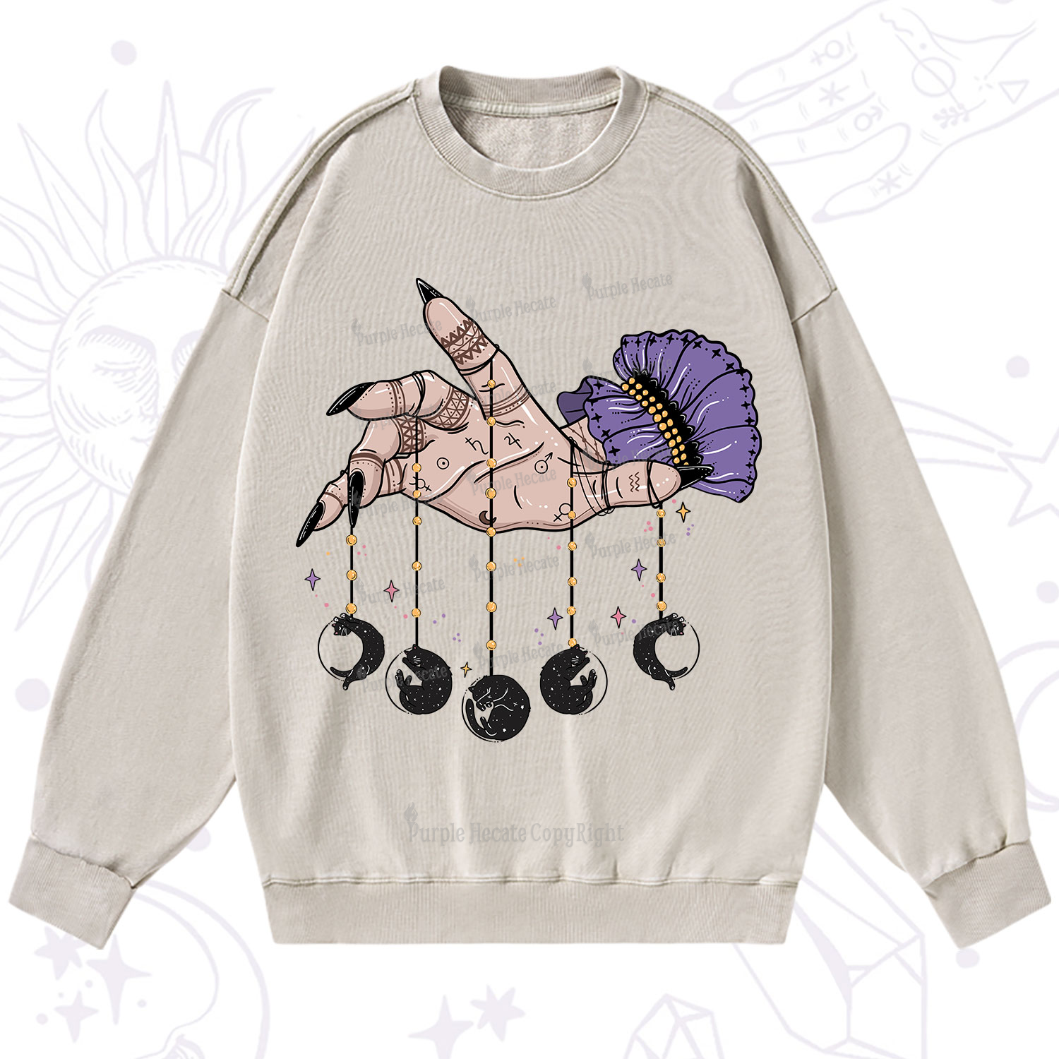 Purplehecate Feline Lunar Phases Washed Sweatshirt