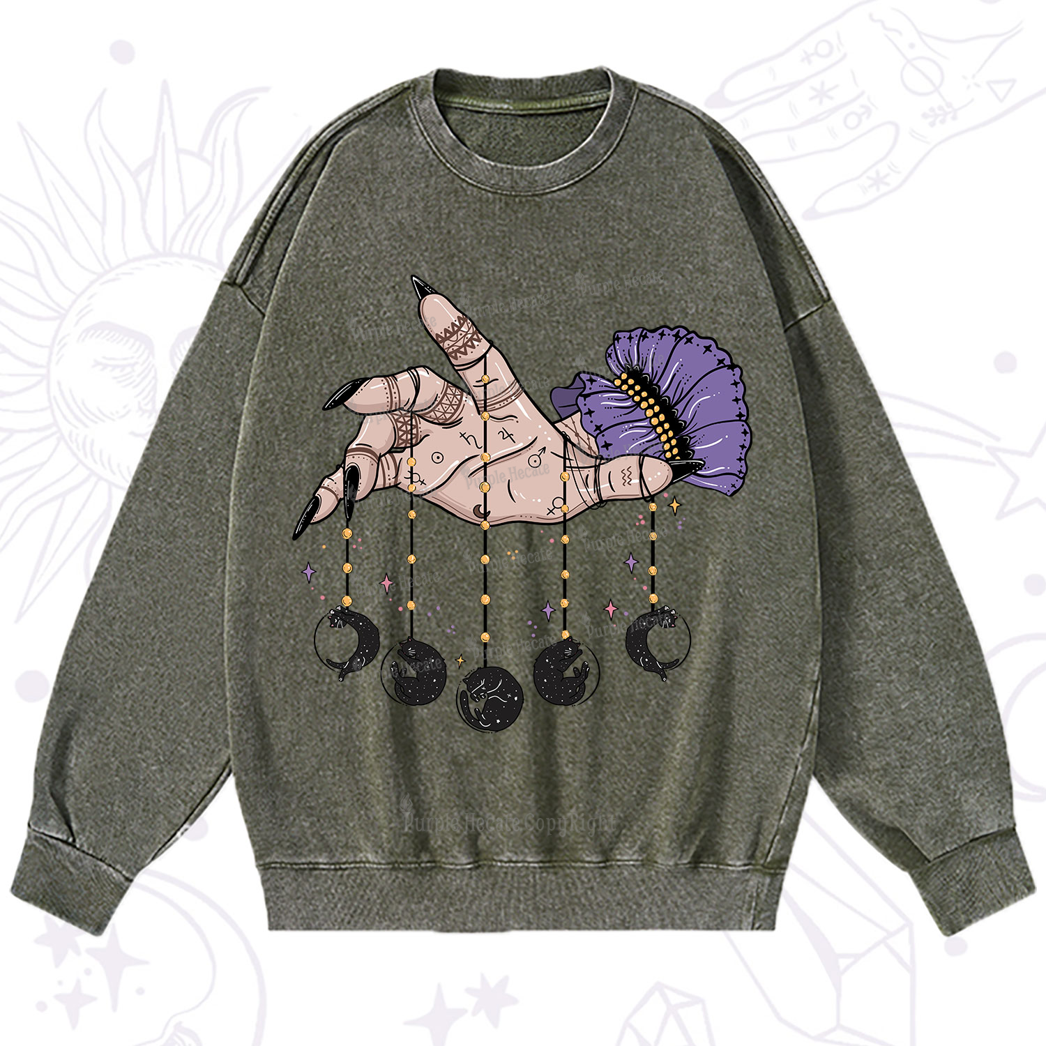 Purplehecate Feline Lunar Phases Washed Sweatshirt