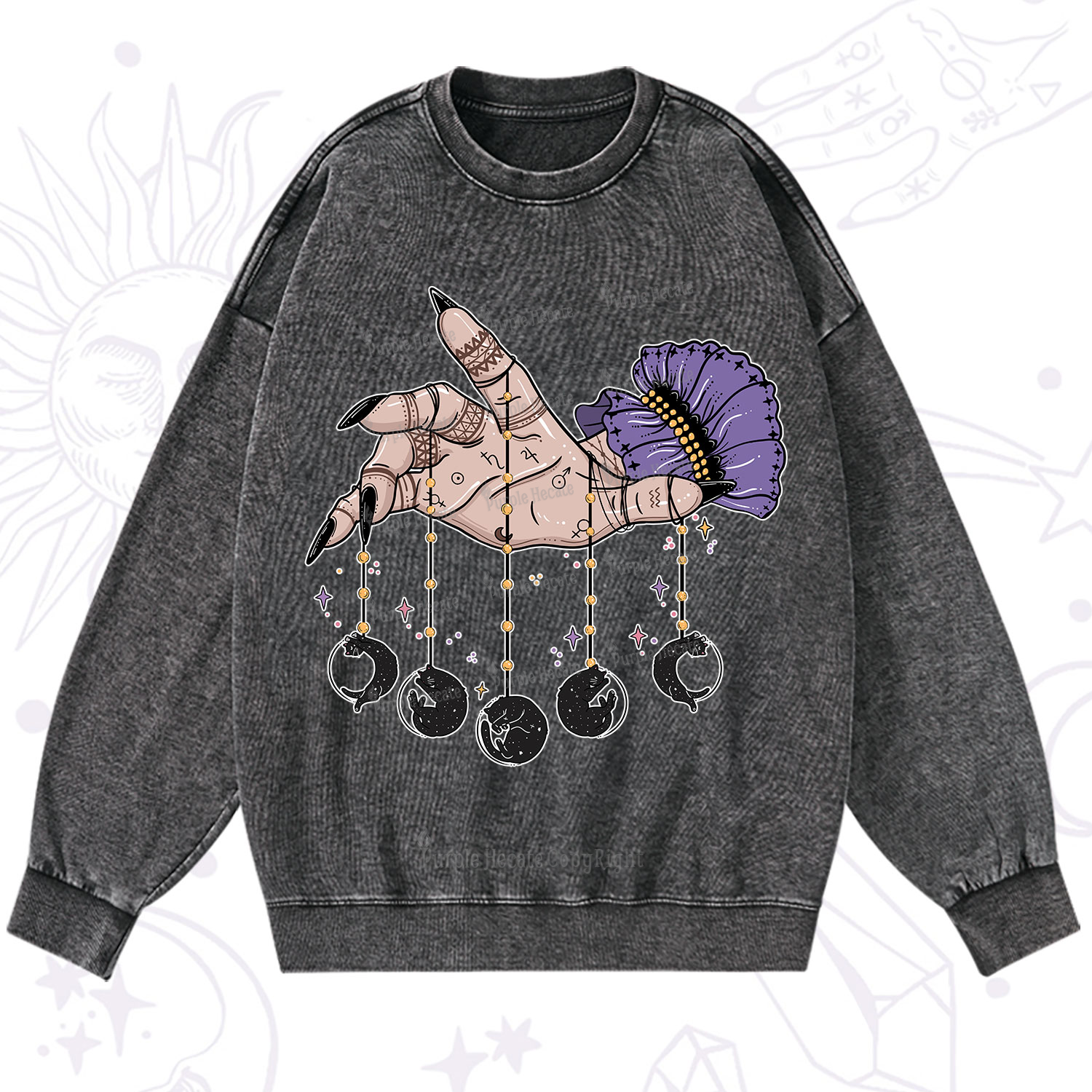 Purplehecate Feline Lunar Phases Washed Sweatshirt