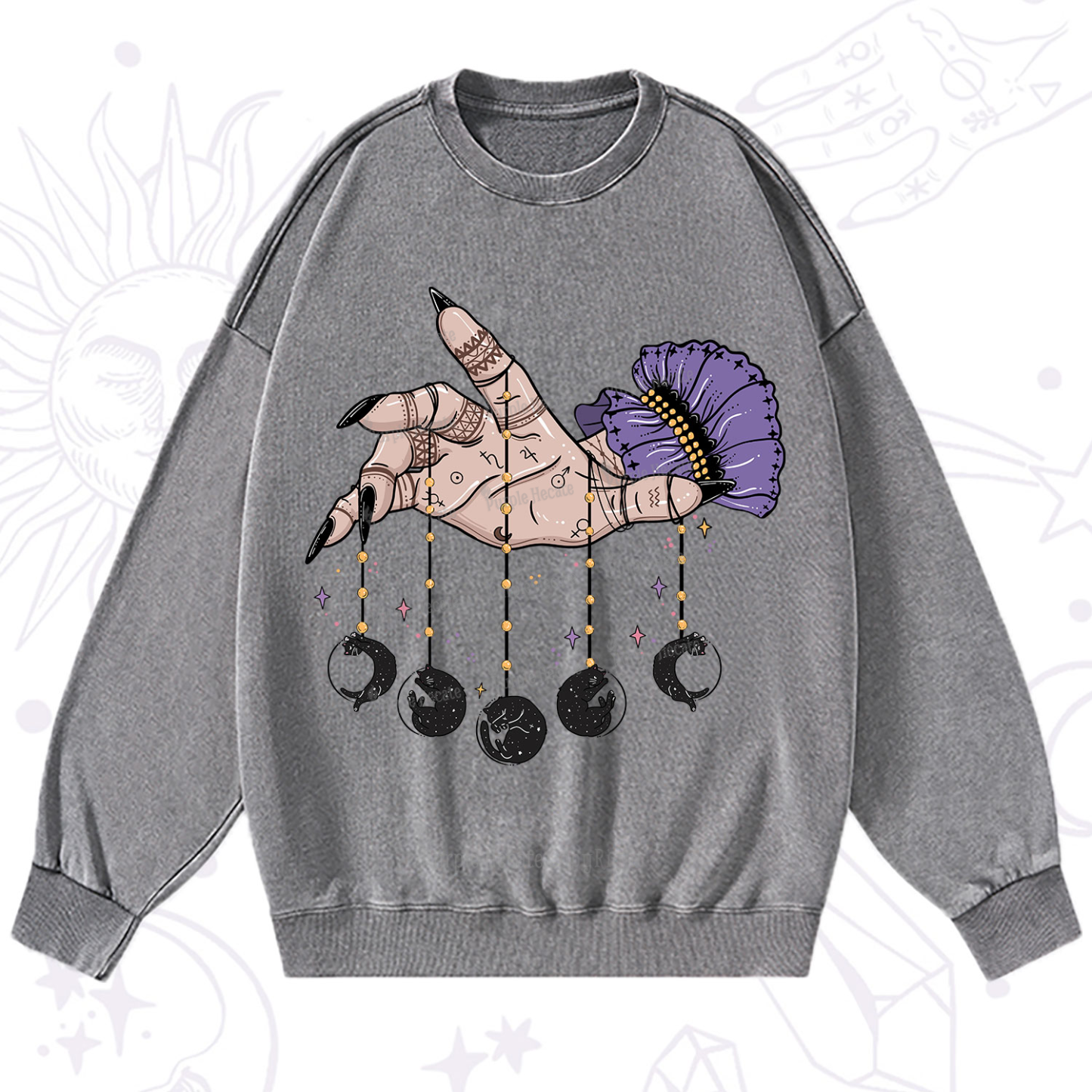 Purplehecate Feline Lunar Phases Washed Sweatshirt