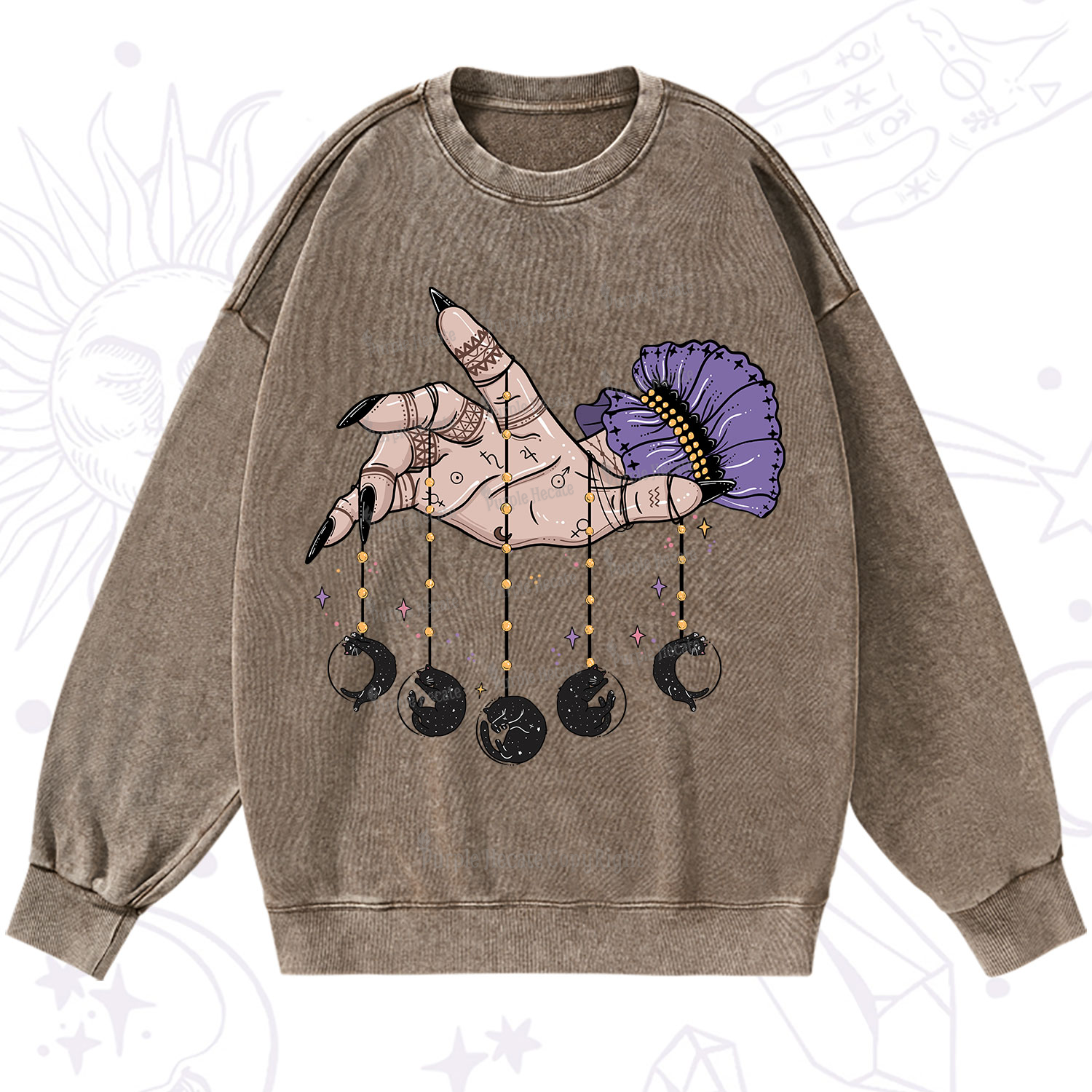 Purplehecate Feline Lunar Phases Washed Sweatshirt