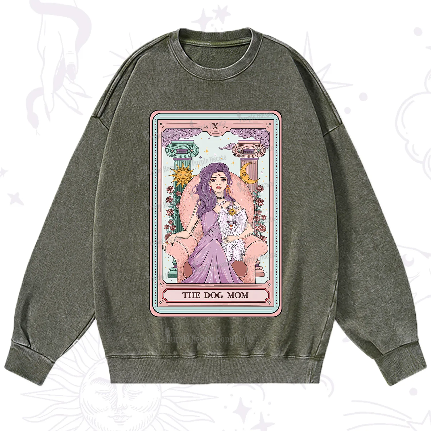 Purplehecate The Cute Dog Mom Tarot card Washed Sweatshirt