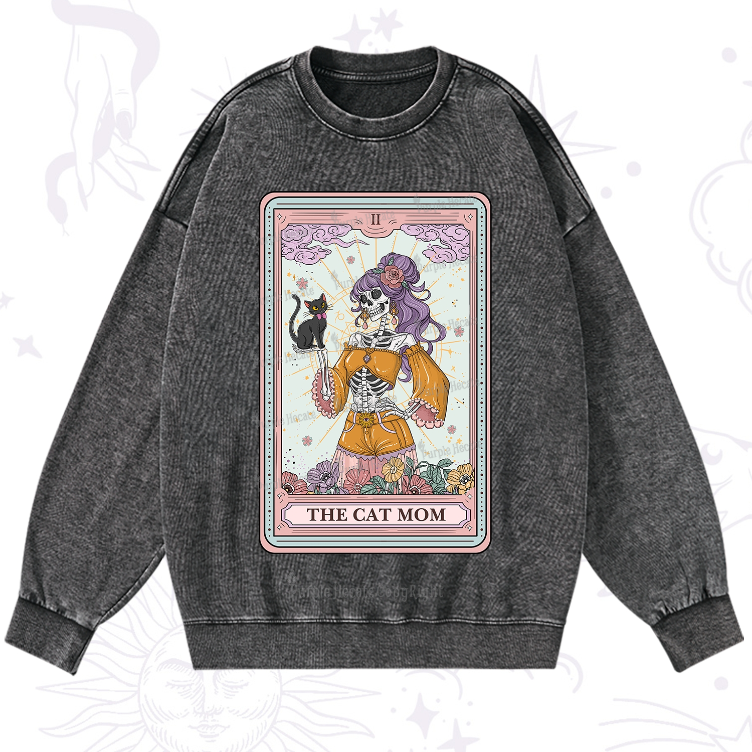 Purplehecate The Skeleton Cat Mom Tarot Card Washed Sweatshirt