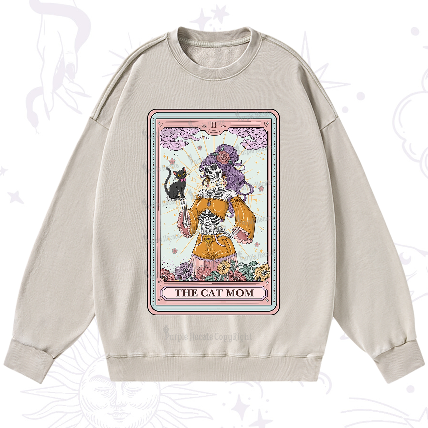 Purplehecate The Skeleton Cat Mom Tarot Card Washed Sweatshirt