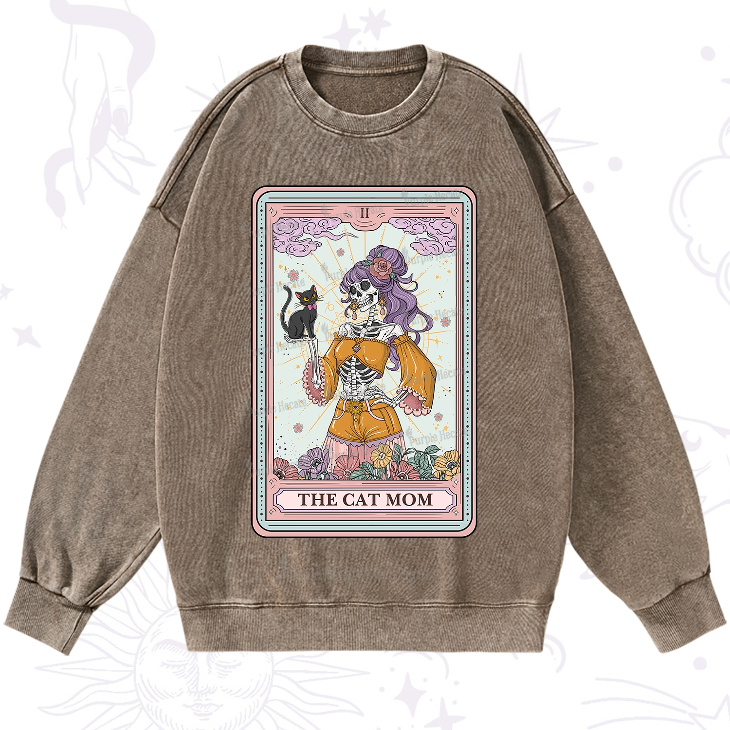 Purplehecate The Skeleton Cat Mom Tarot Card Washed Sweatshirt