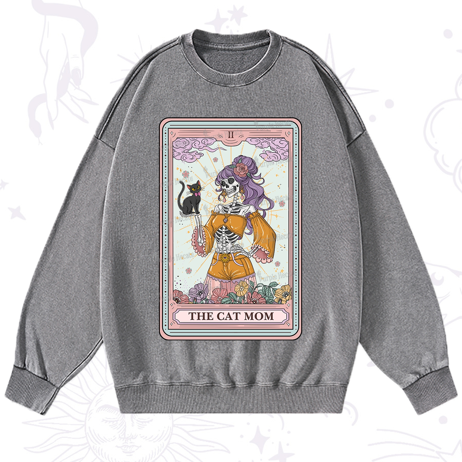 Purplehecate The Skeleton Cat Mom Tarot Card Washed Sweatshirt