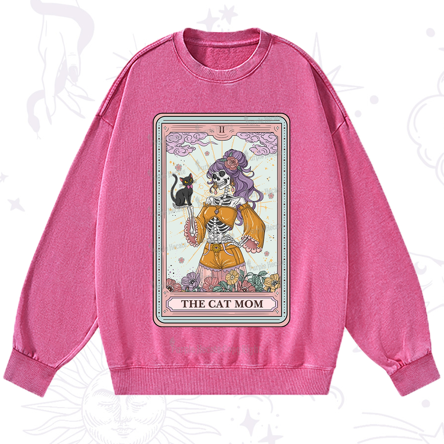 Purplehecate The Skeleton Cat Mom Tarot Card Washed Sweatshirt