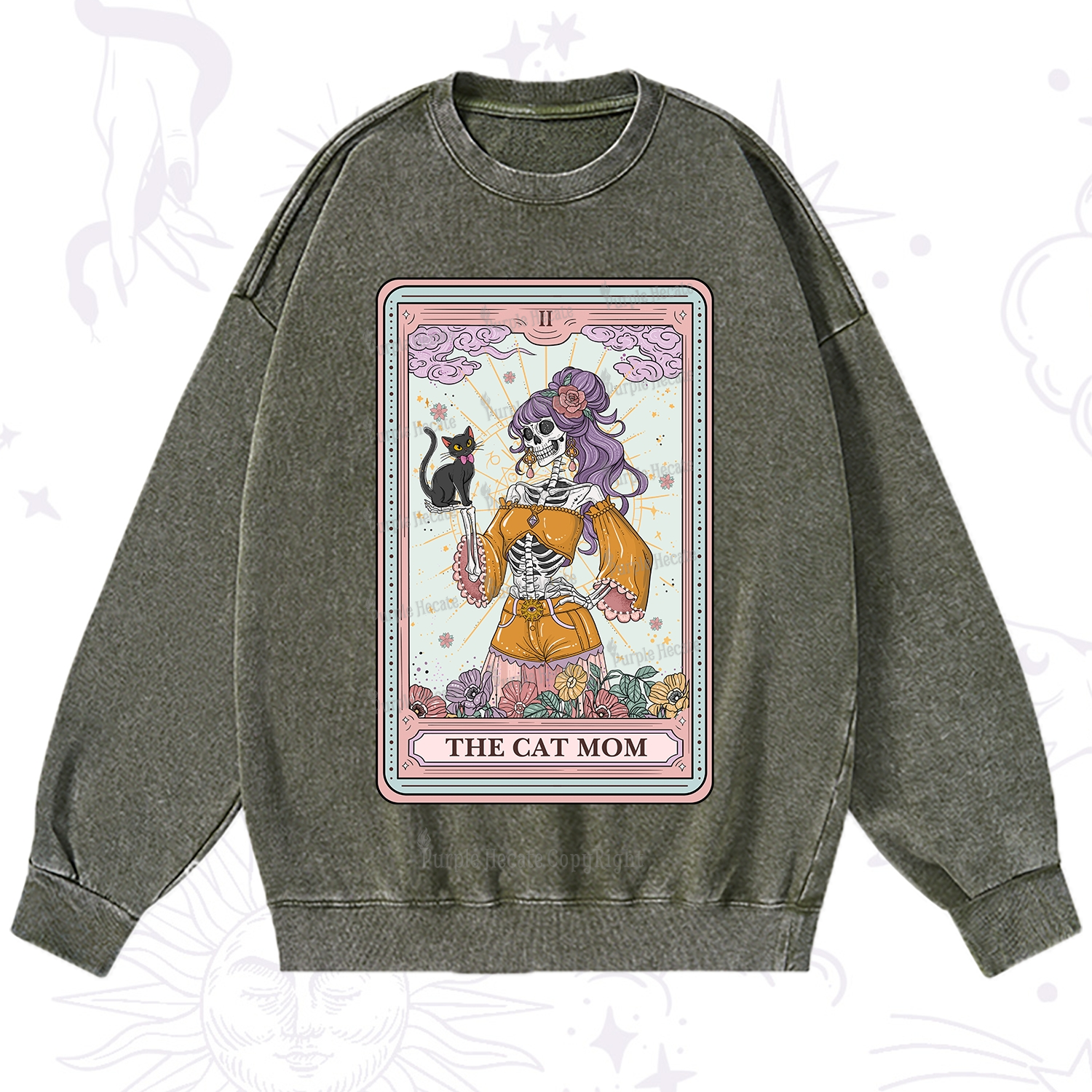 Purplehecate The Skeleton Cat Mom Tarot Card Washed Sweatshirt