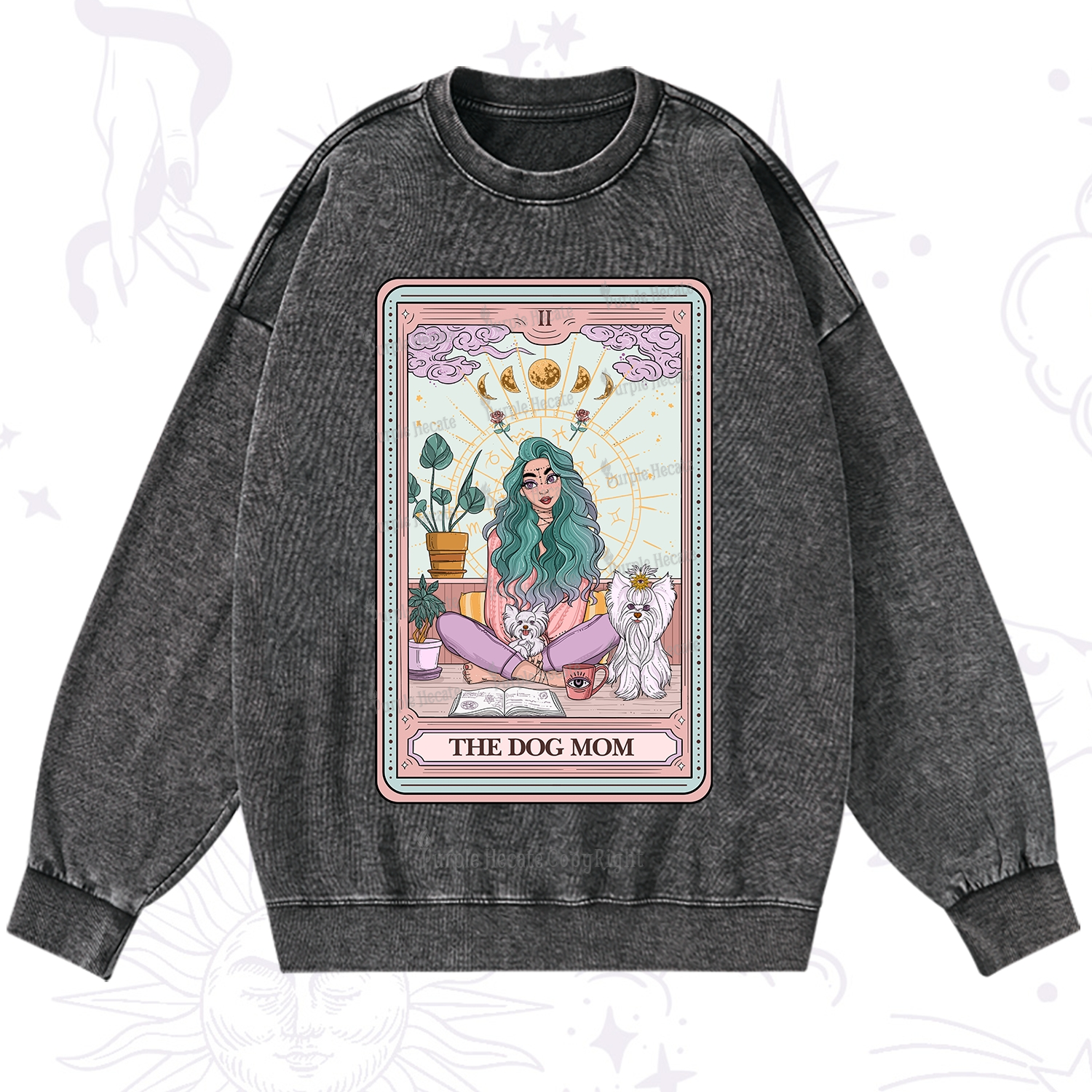 Purplehecate The Divine Dog Mom Tarot Card Washed Sweatshirt