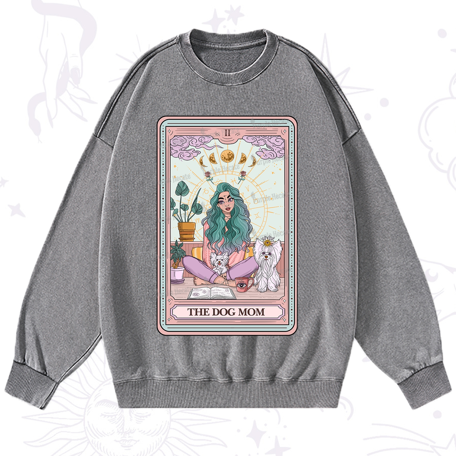 Purplehecate The Divine Dog Mom Tarot Card Washed Sweatshirt