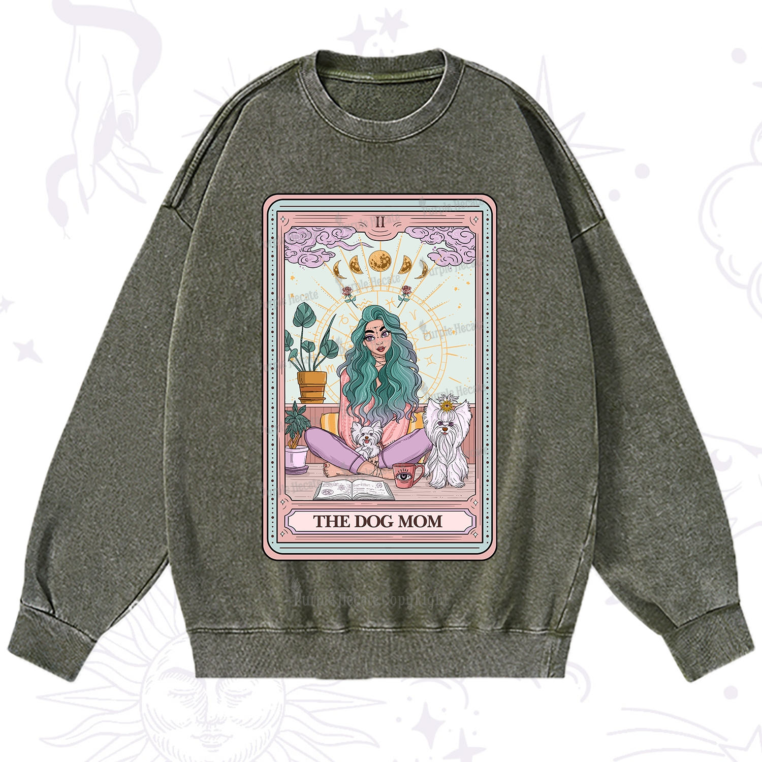Purplehecate The Divine Dog Mom Tarot Card Washed Sweatshirt