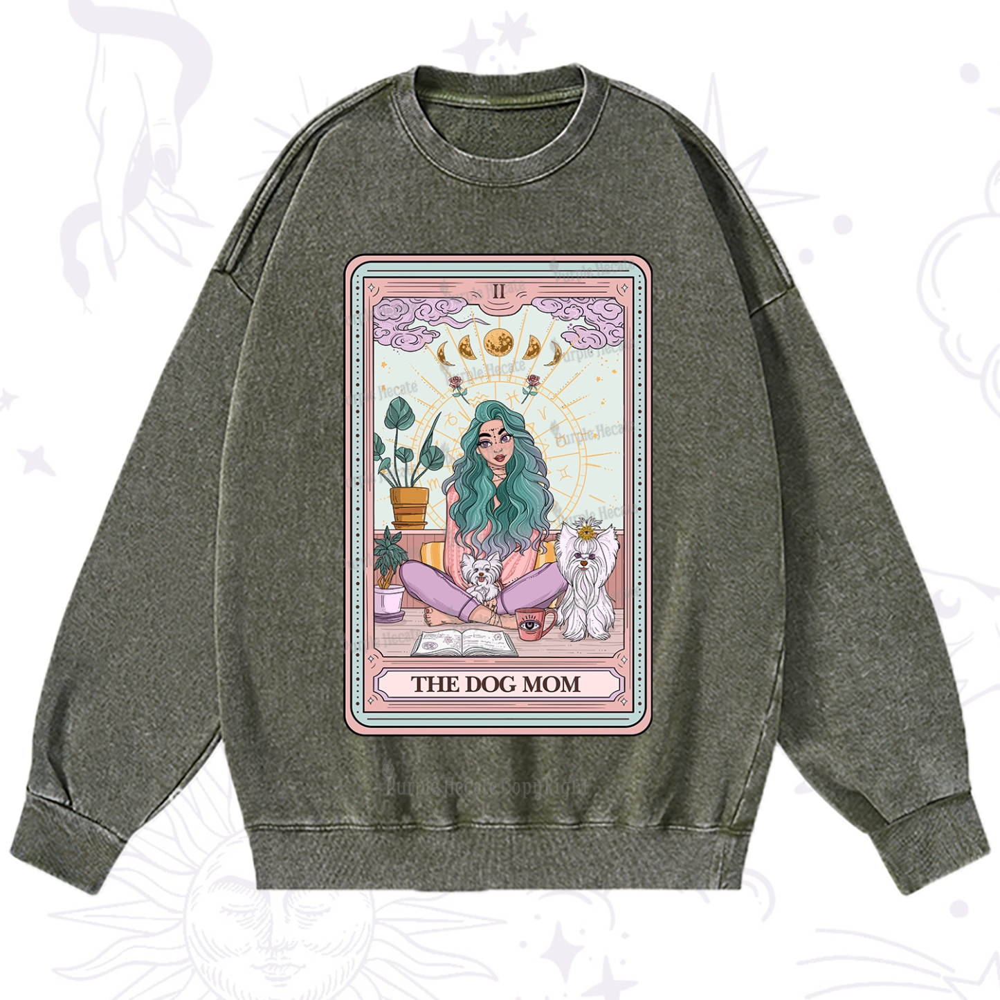 Purplehecate The Divine Dog Mom Tarot Card Washed Sweatshirt
