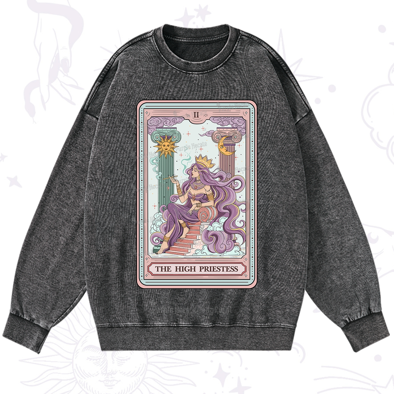 Purplehecate The Goddess High Priestess Tarot Card Washed Sweatshirt