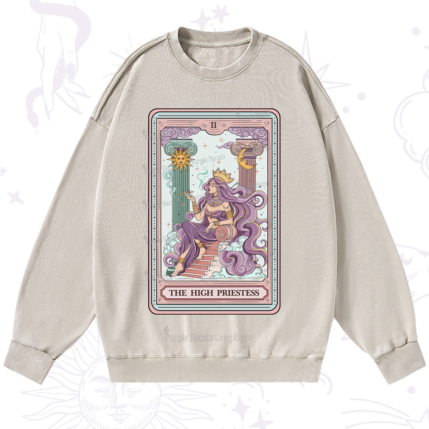 Purplehecate The Goddess High Priestess Tarot Card Washed Sweatshirt
