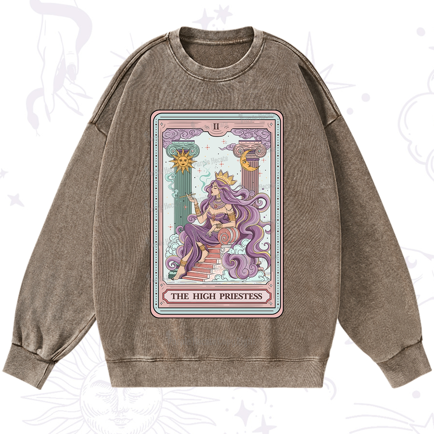 Purplehecate The Goddess High Priestess Tarot Card Washed Sweatshirt