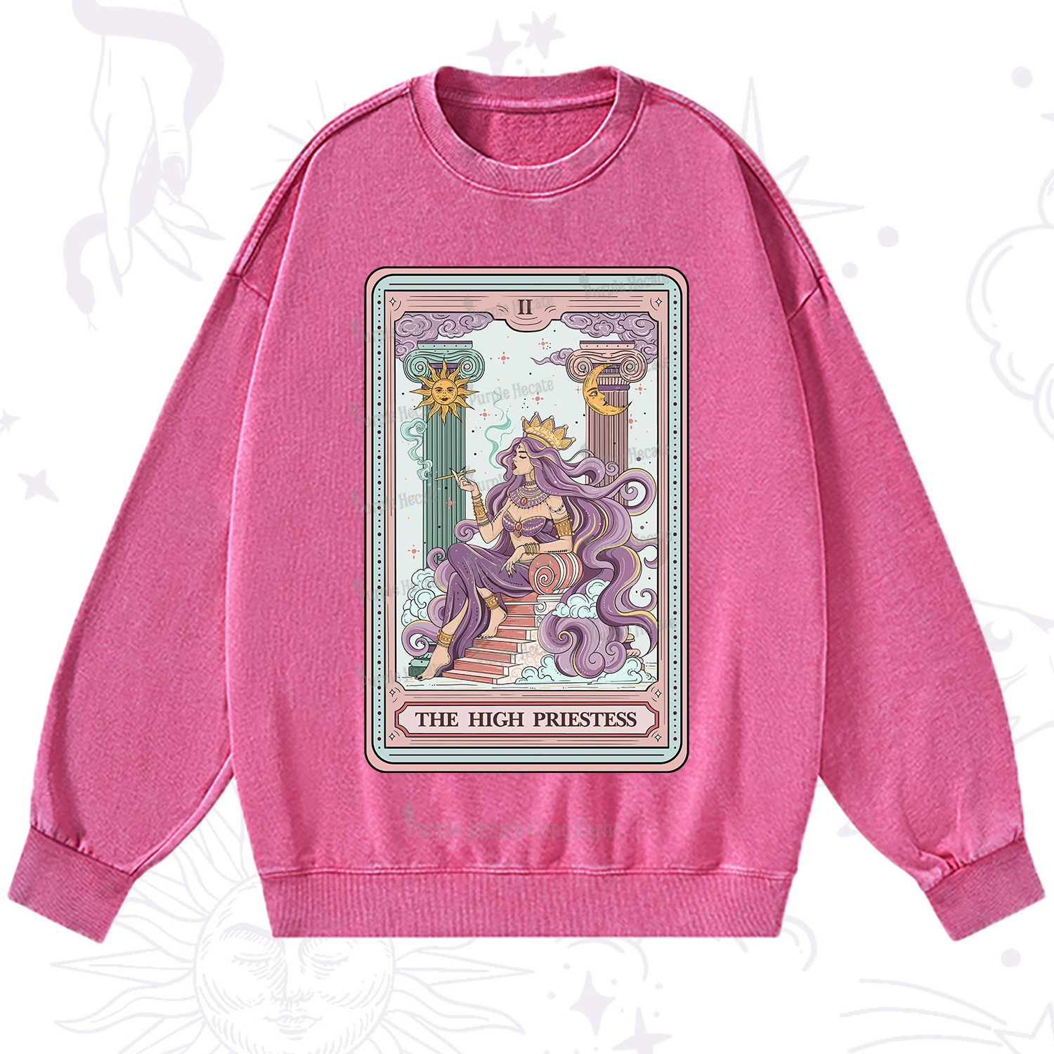 Purplehecate The Goddess High Priestess Tarot Card Washed Sweatshirt