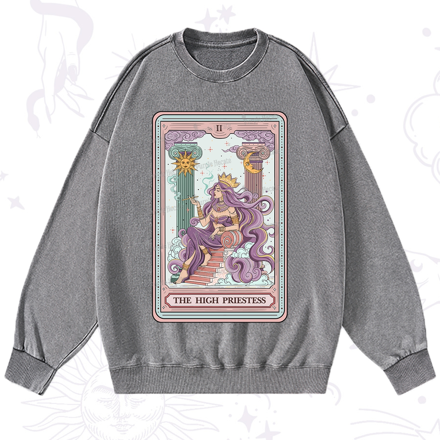Purplehecate The Goddess High Priestess Tarot Card Washed Sweatshirt