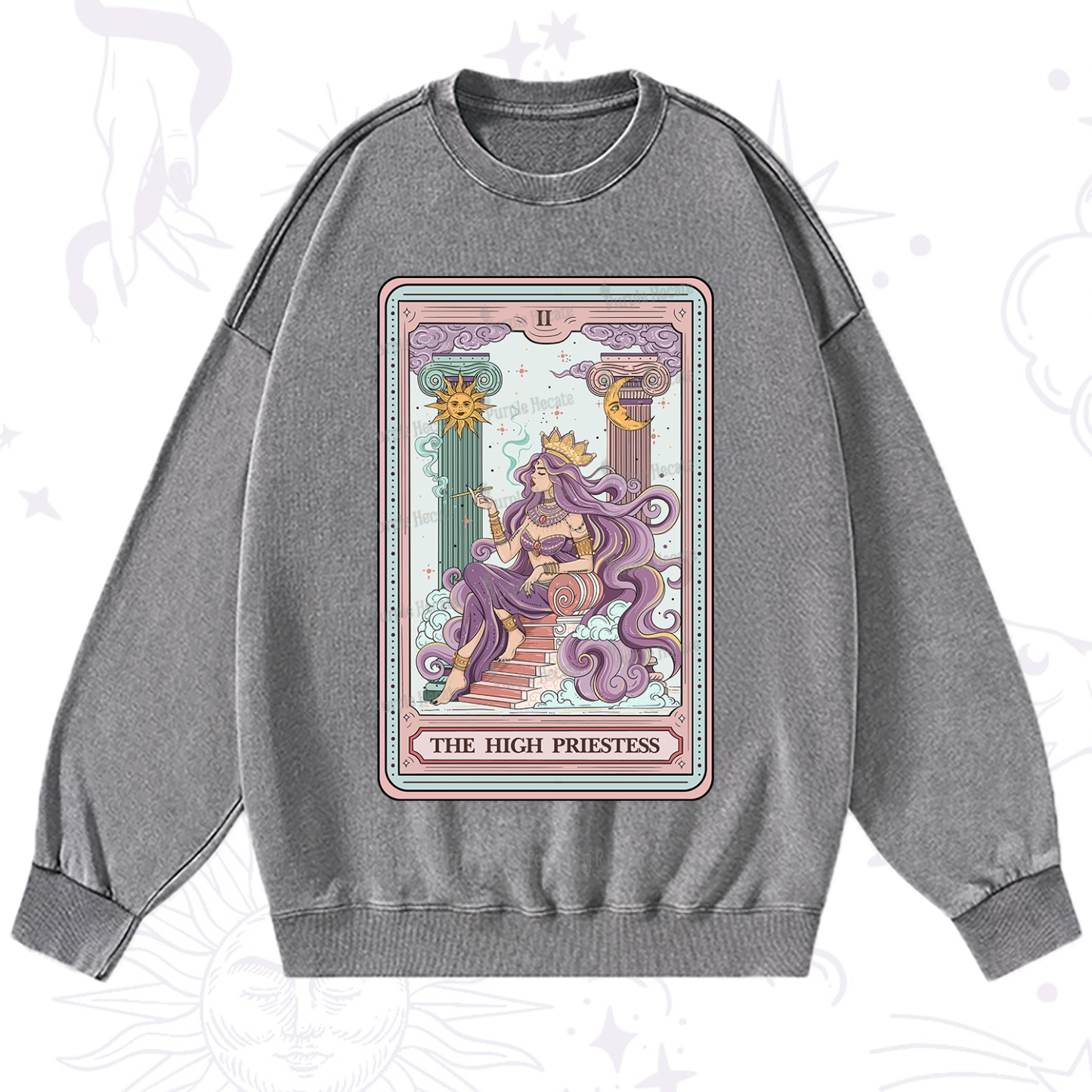 Purplehecate The Goddess High Priestess Tarot Card Washed Sweatshirt