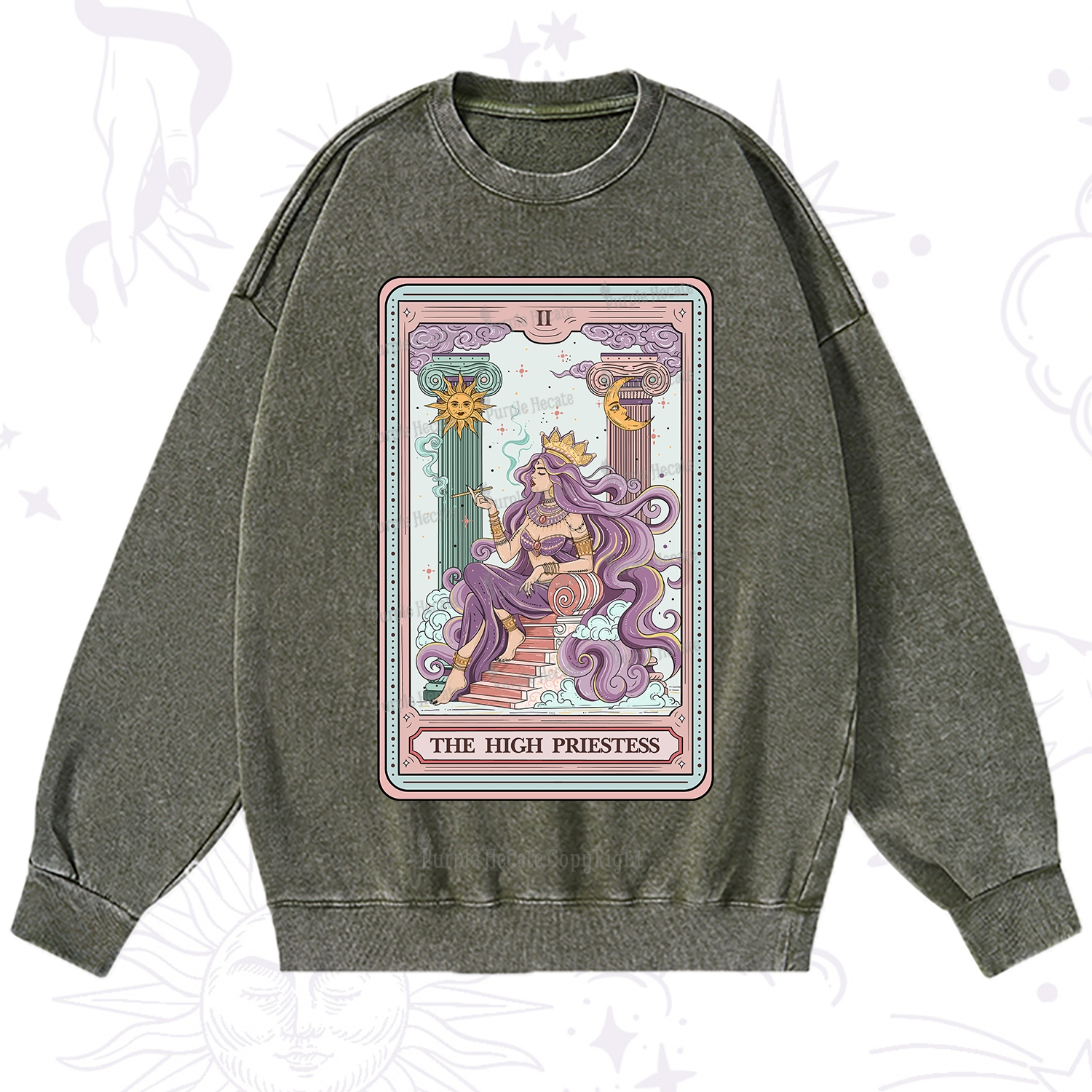 Purplehecate The Goddess High Priestess Tarot Card Washed Sweatshirt