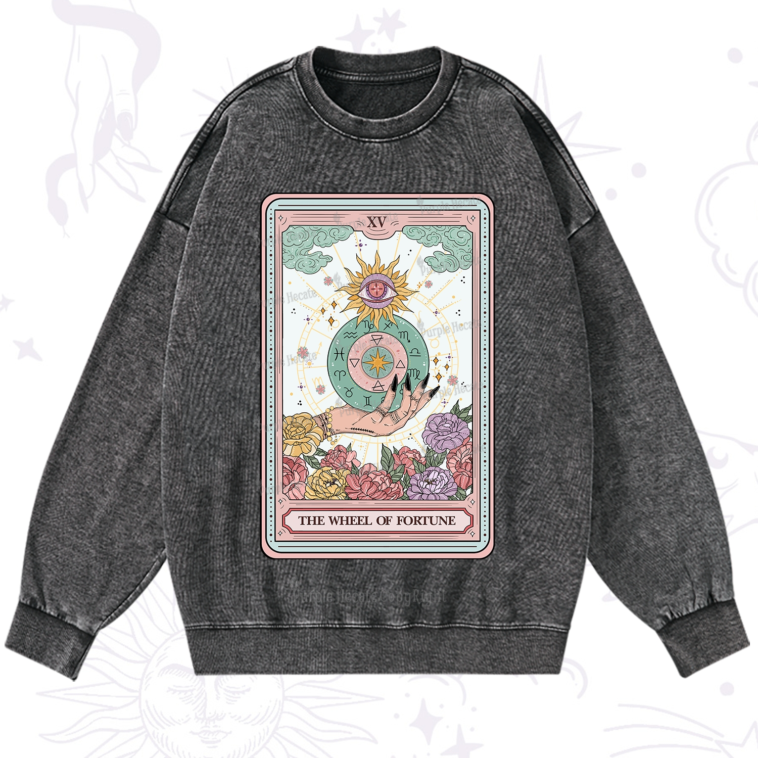 Purplehecate The Wheel of Fortune Tarot Card Washed Sweatshirt