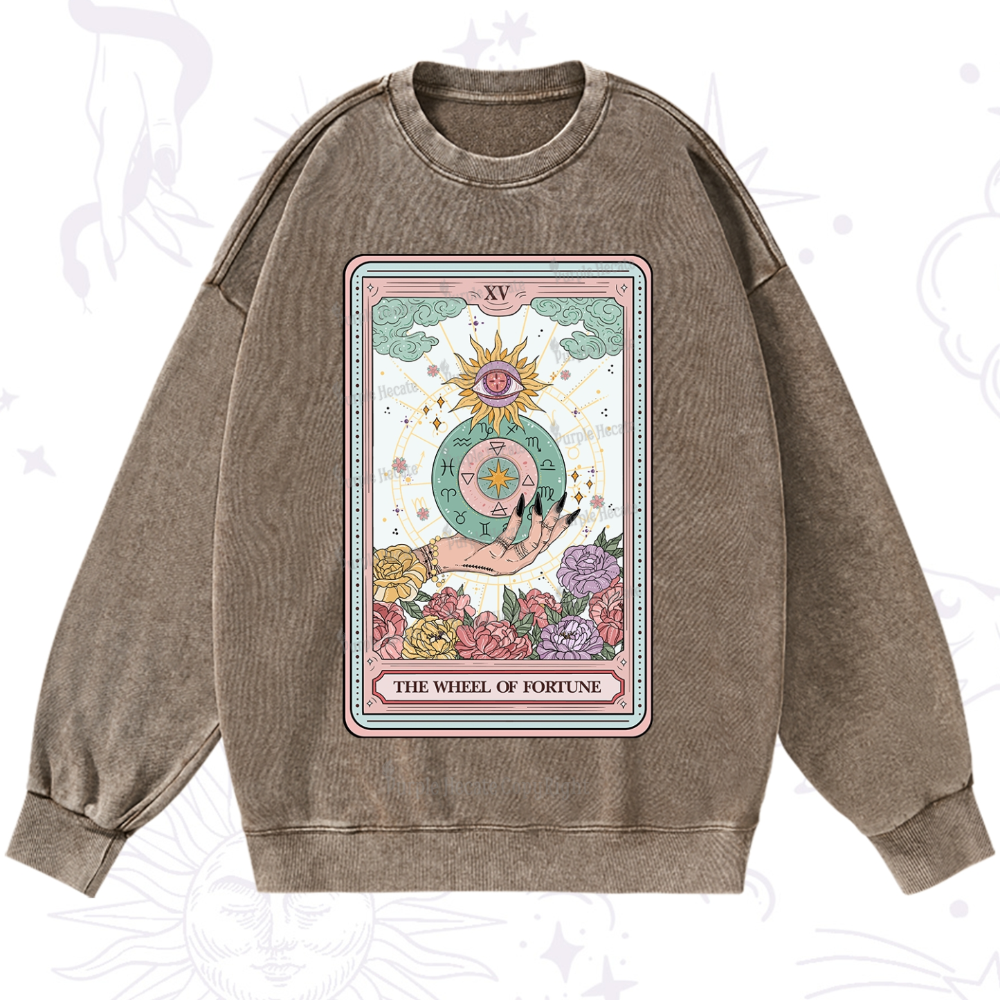 Purplehecate The Wheel of Fortune Tarot Card Washed Sweatshirt