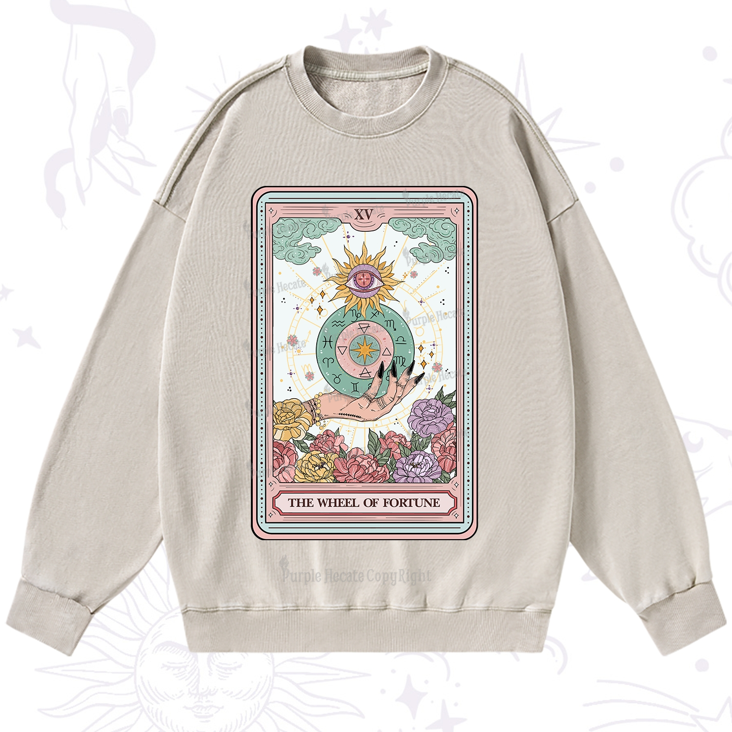 Purplehecate The Wheel of Fortune Tarot Card Washed Sweatshirt