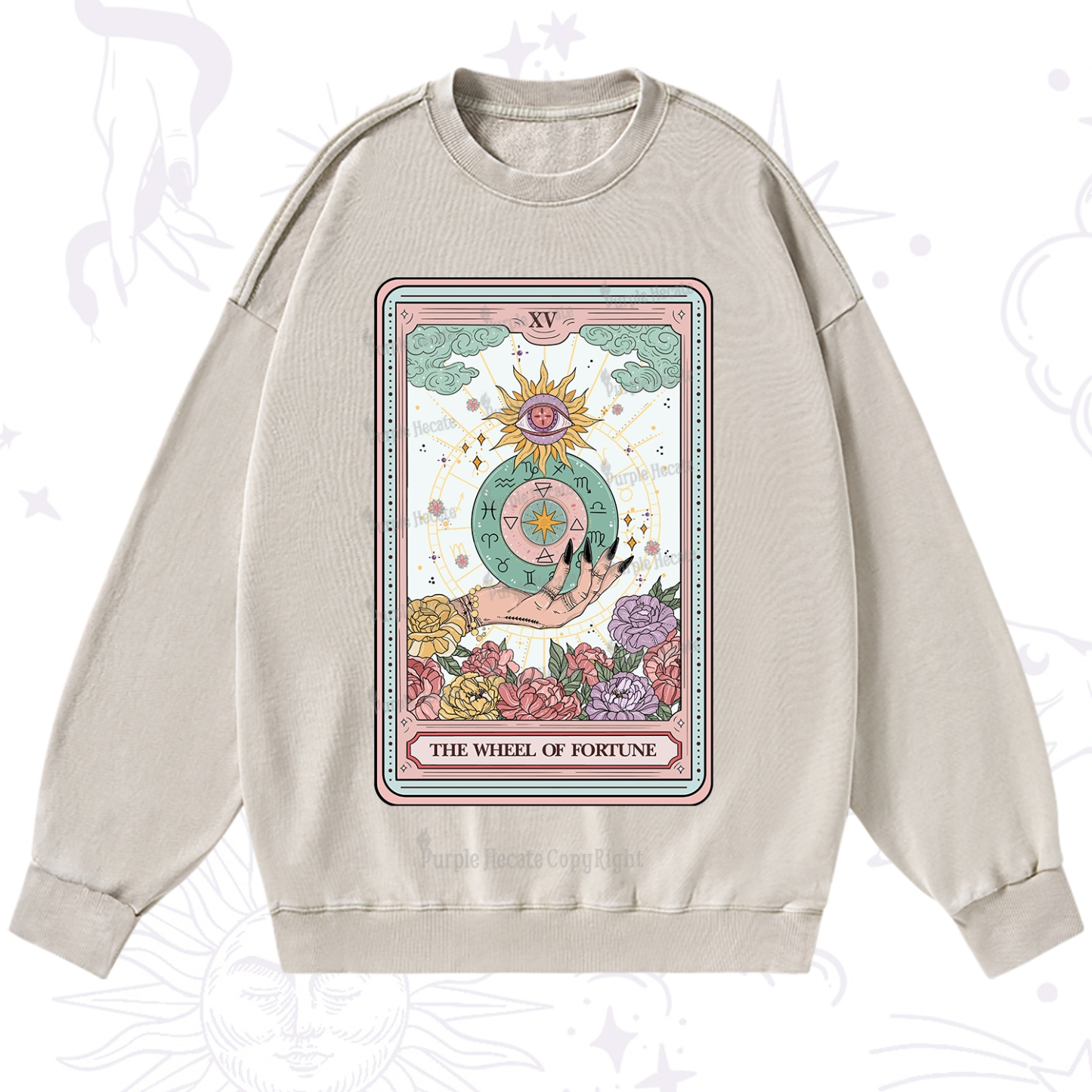 Purplehecate The Wheel of Fortune Tarot Card Washed Sweatshirt