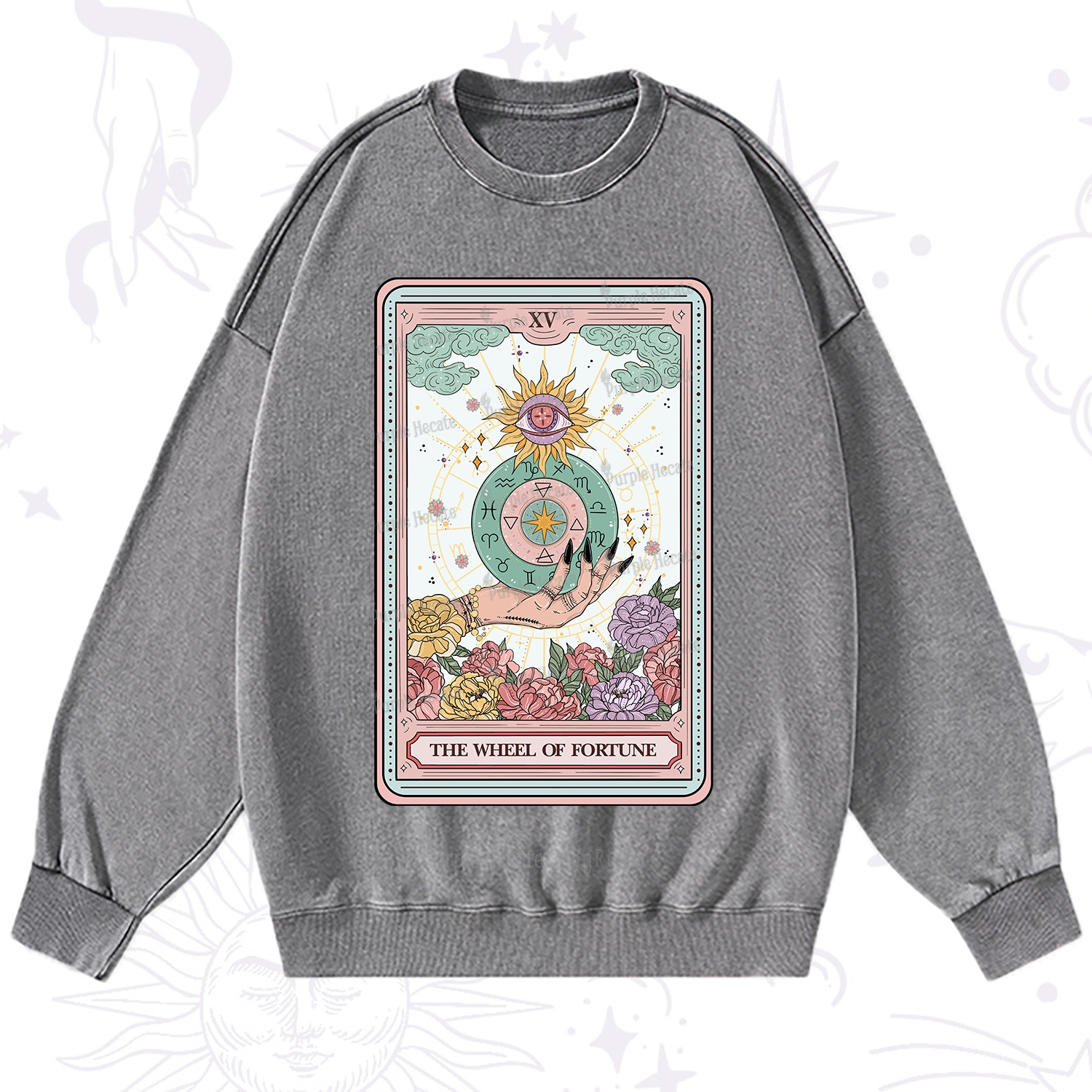 Purplehecate The Wheel of Fortune Tarot Card Washed Sweatshirt