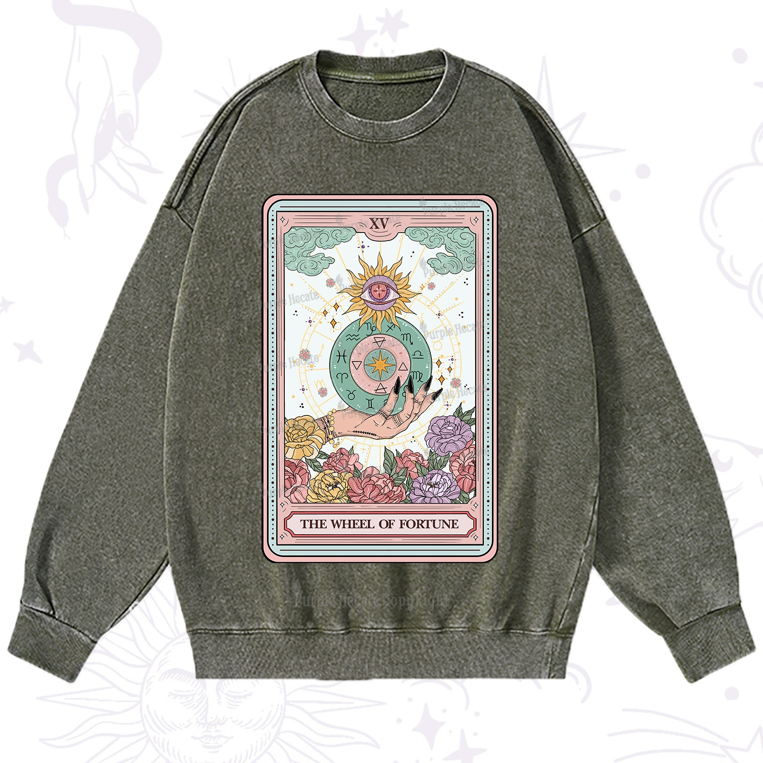 Purplehecate The Wheel of Fortune Tarot Card Washed Sweatshirt
