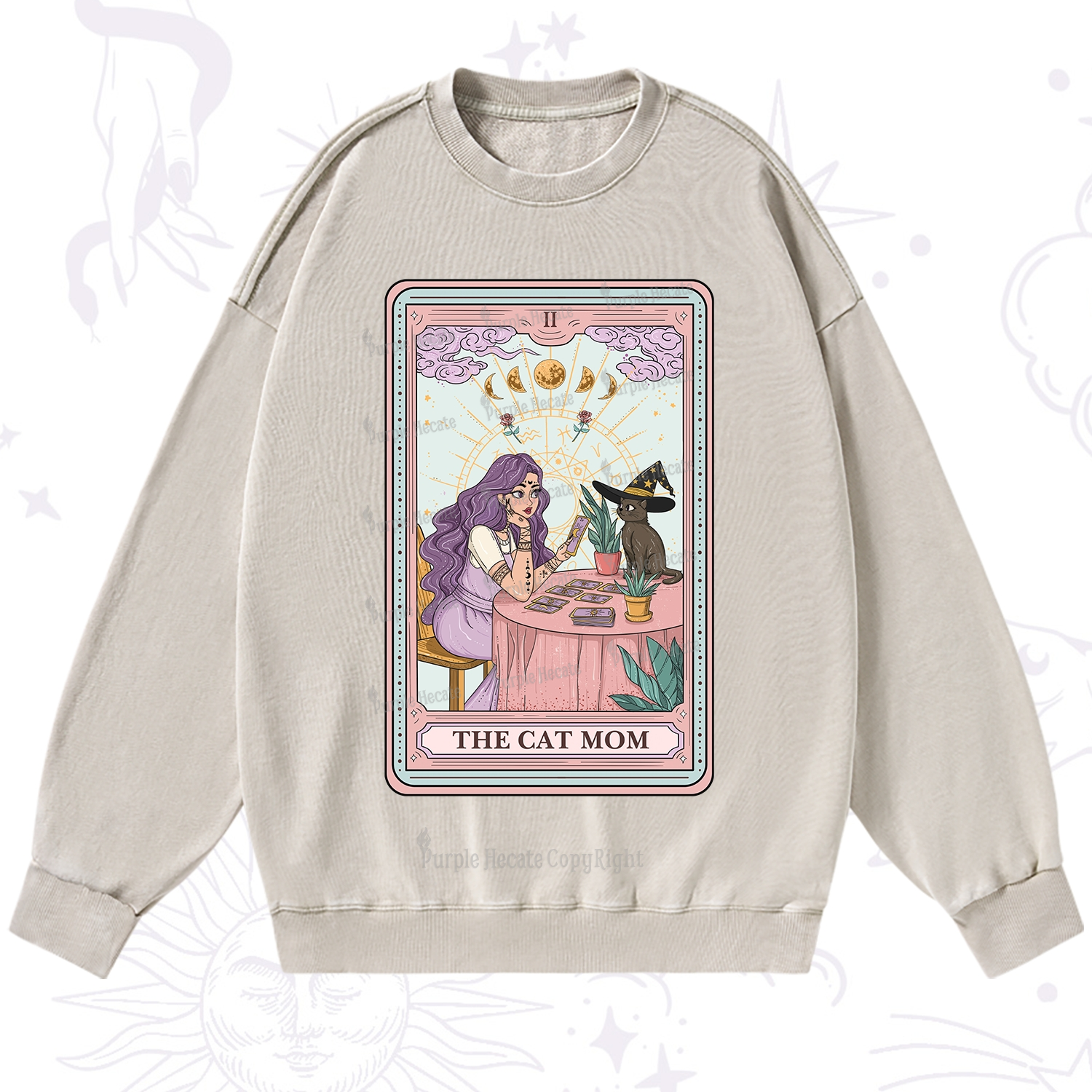 Purplehecate The Witchy Cat Mom Tarot Washed Sweatshirt