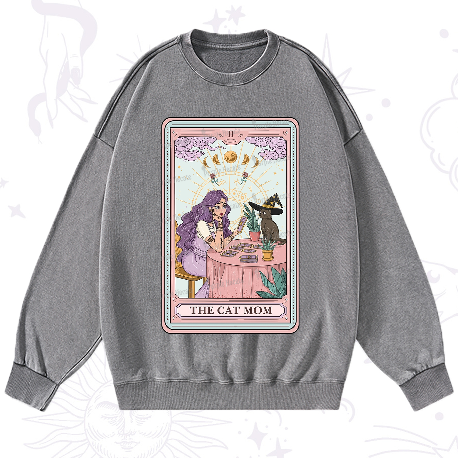 Purplehecate The Witchy Cat Mom Tarot Washed Sweatshirt