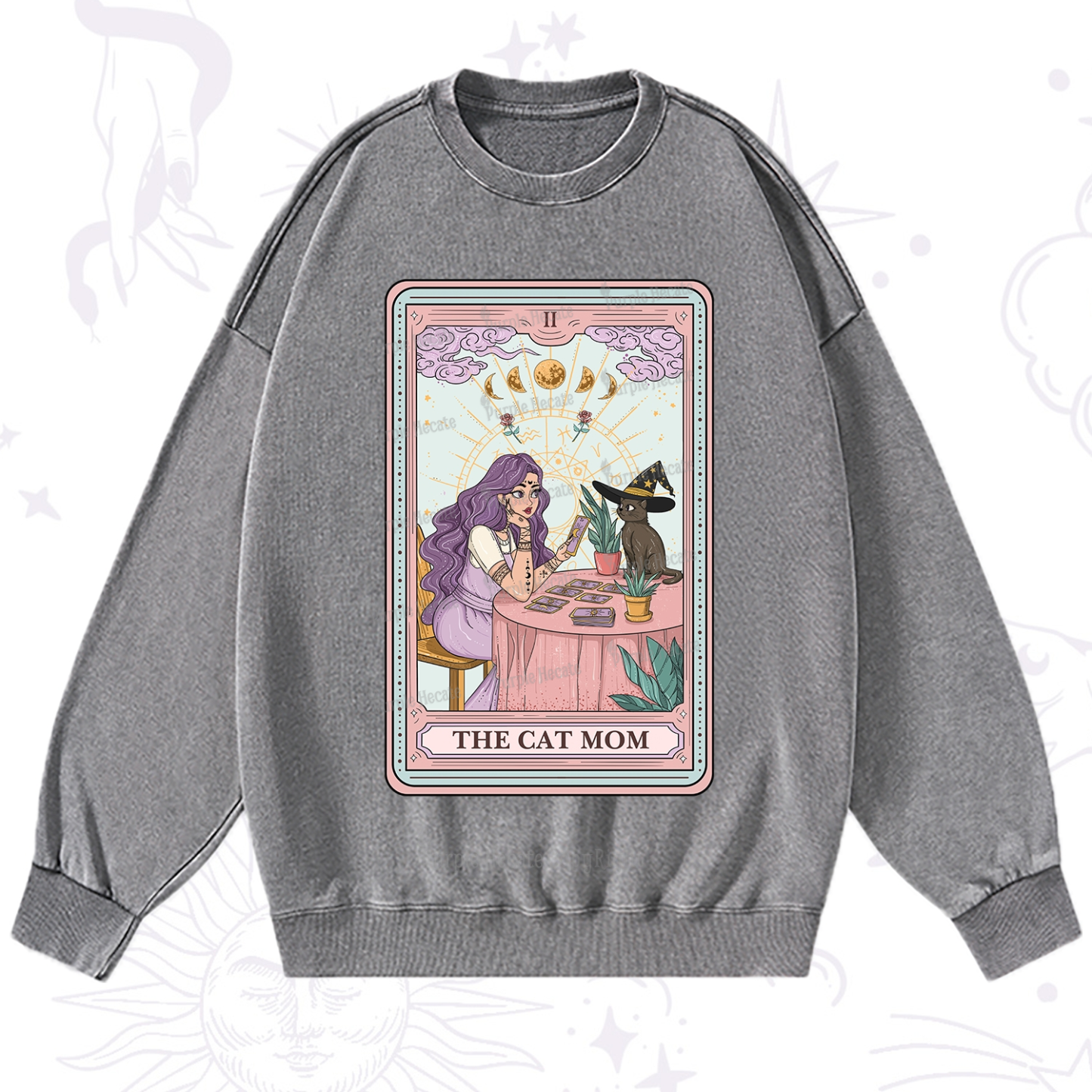 Purplehecate The Witchy Cat Mom Tarot Washed Sweatshirt