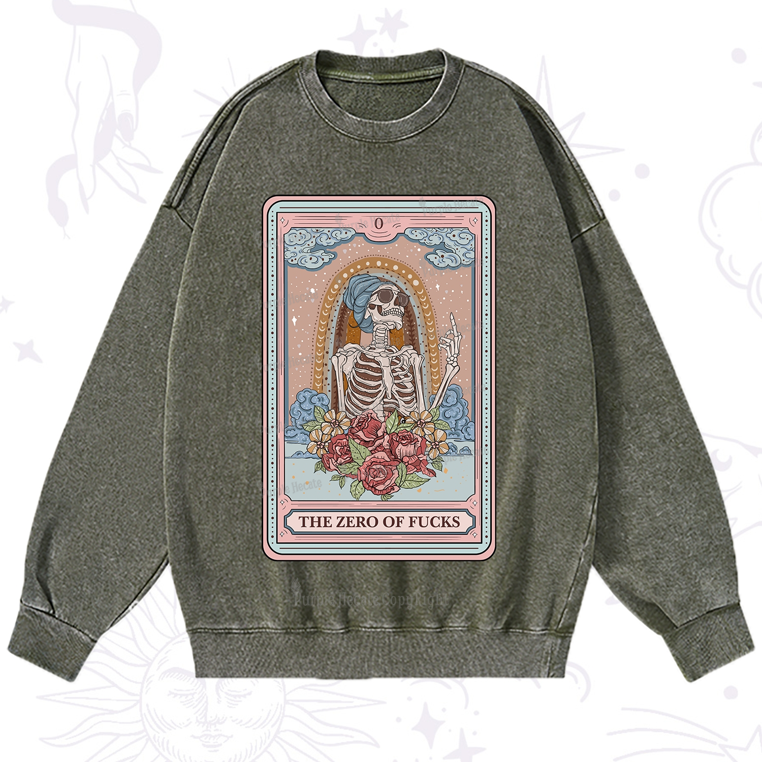 Purplehecate The Zero Of Fucks Tarot Card Washed Sweatshirt