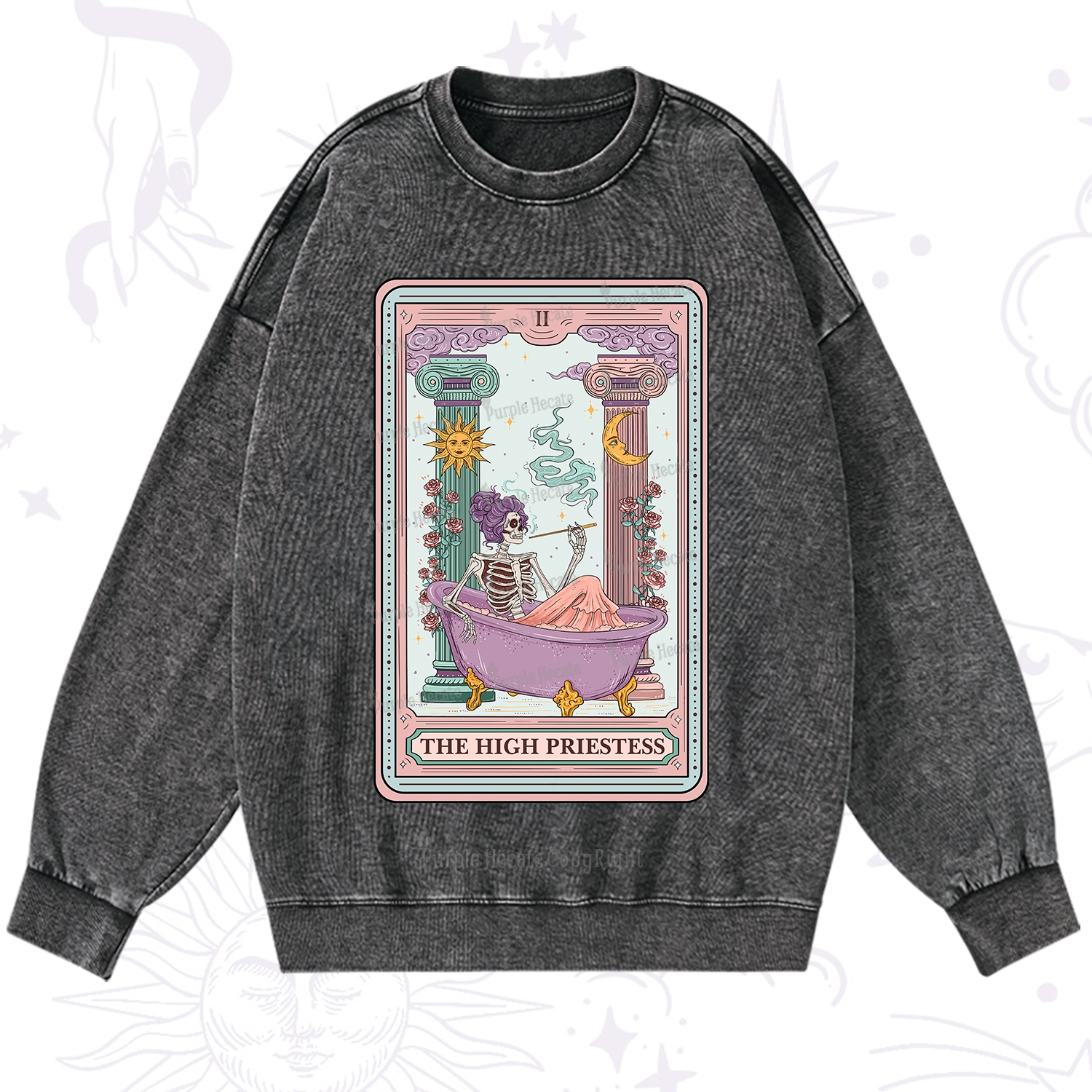 Purplehecate The Noble High Priestess Tarot Card Washed Sweatshirt