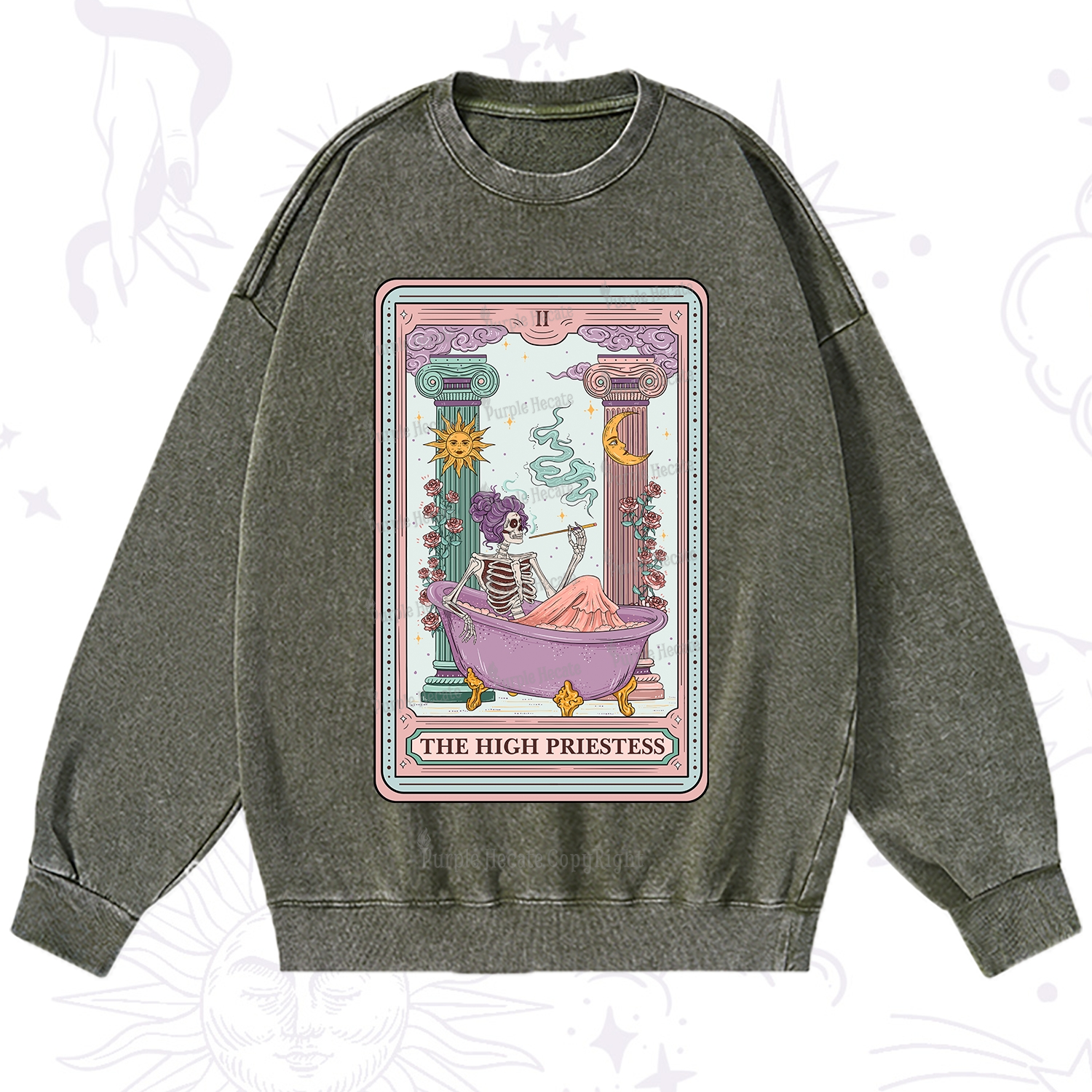 Purplehecate The Noble High Priestess Tarot Card Washed Sweatshirt